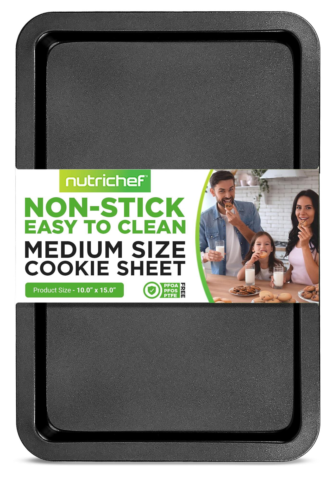 NutriChef 15” x 10" Non-Stick Cookie Sheet for Baking - Carbon Steel Baking Pan w/ Nonstick Coating - Jelly Roll Pan Compatible with Ovens & Toasters, Grey