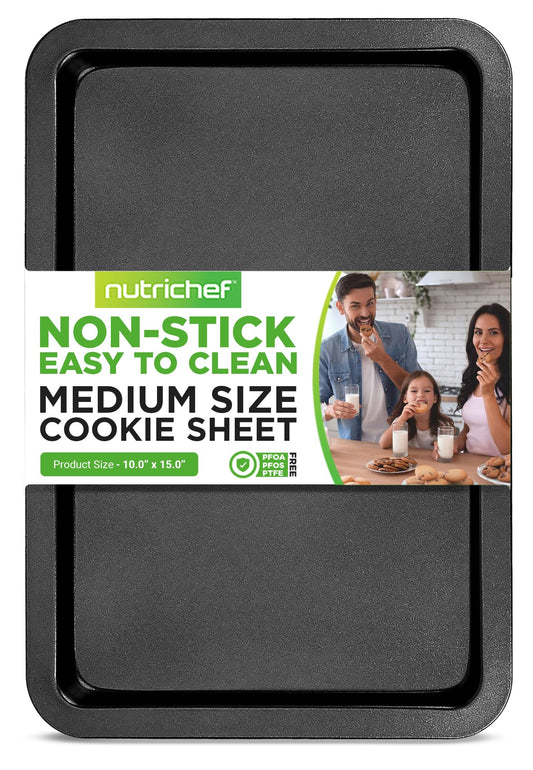 NutriChef 15” x 10" Non-Stick Cookie Sheet for Baking - Carbon Steel Baking Pan w/ Nonstick Coating - Jelly Roll Pan Compatible with Ovens & Toasters, Grey