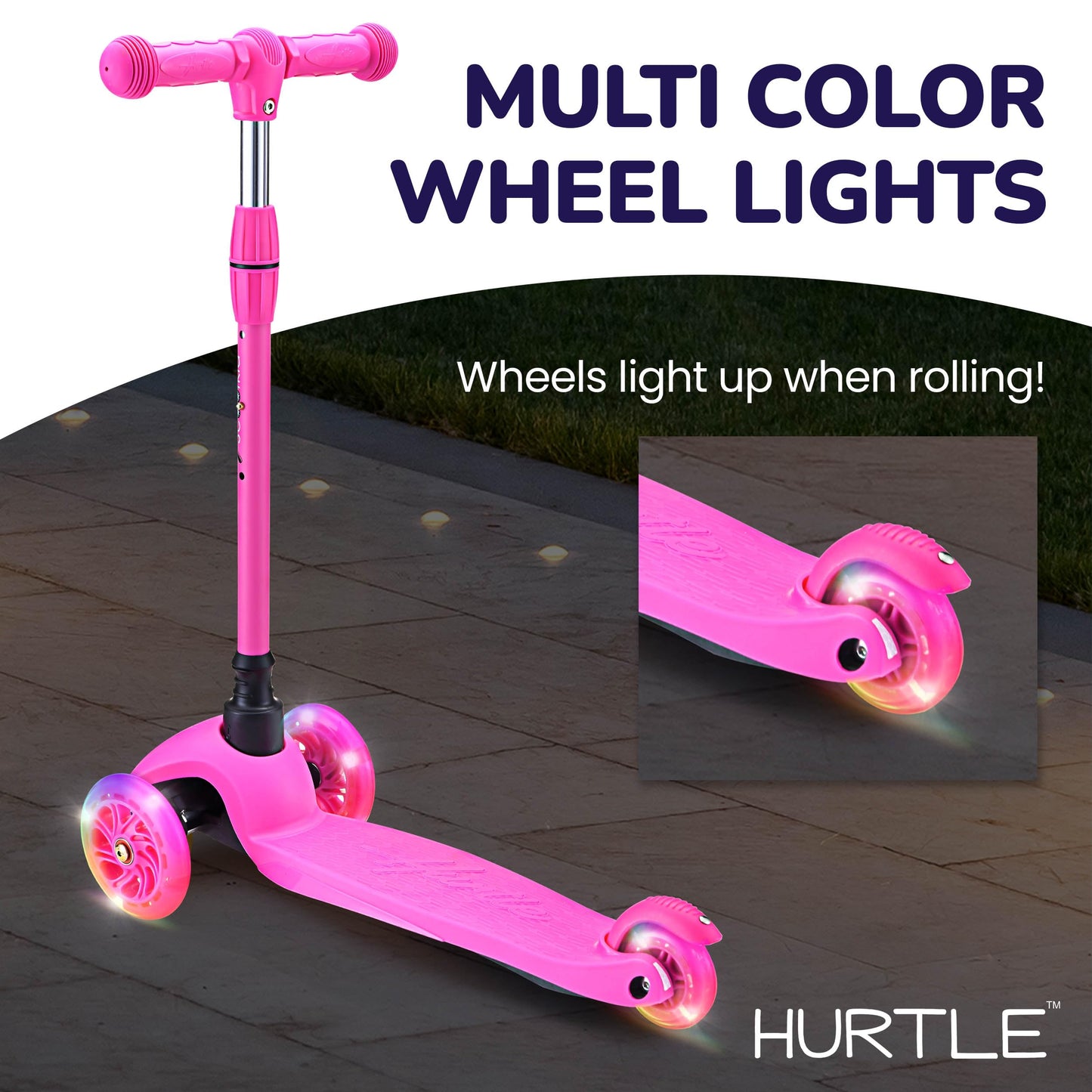 Hurtle Mini Kickboard Scooter for Kids – Height Adjustable 25-28 Inches, 3-Wheel Toddler Micro Scooter with LED Light-up Wheels, Lightweight Riding Toy, Non-Slip, Indoor/Outdoor Fun, Ages 2-5 (Pink)