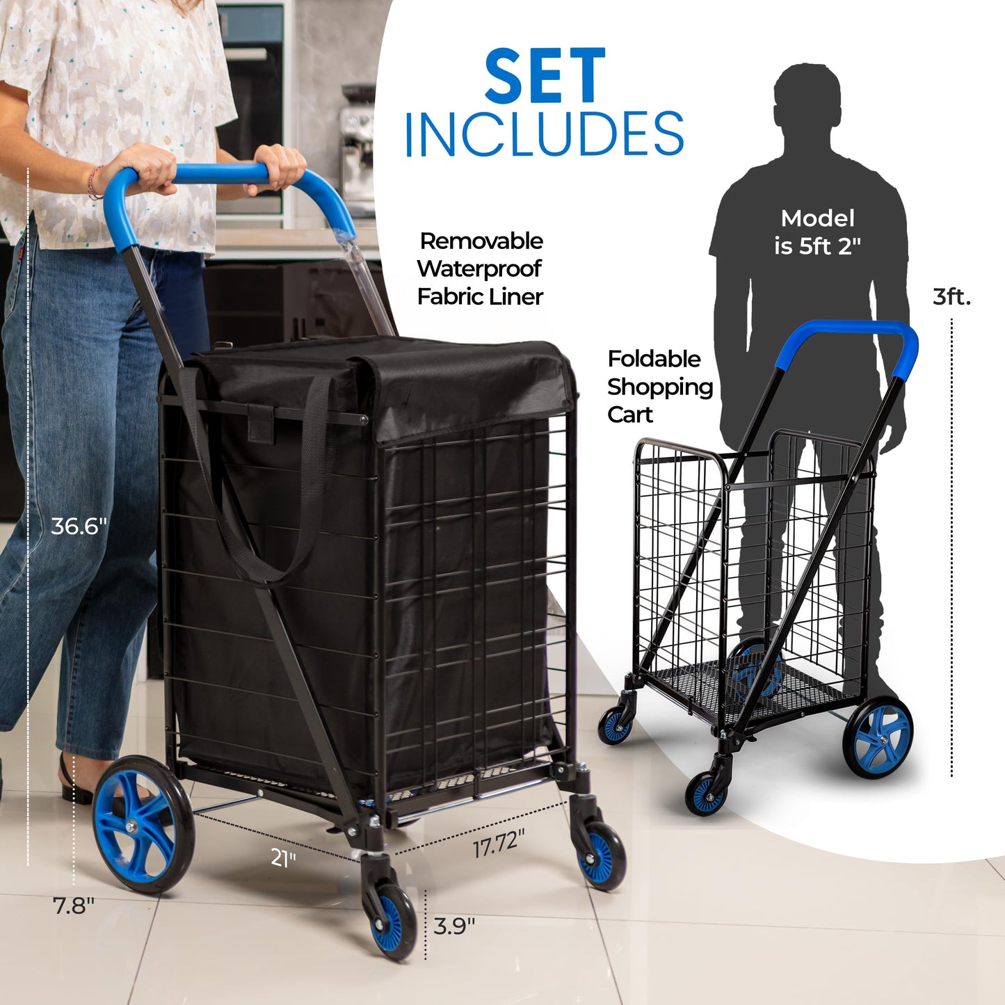 SereneLife Small Compact Folding Shopping Cart with Removable Waterproof Liner – 360° Swivel Wheels, Rust‑Proof Steel Frame, 70 lb Capacity – Portable Grocery, Laundry & Travel Cart (Blue)