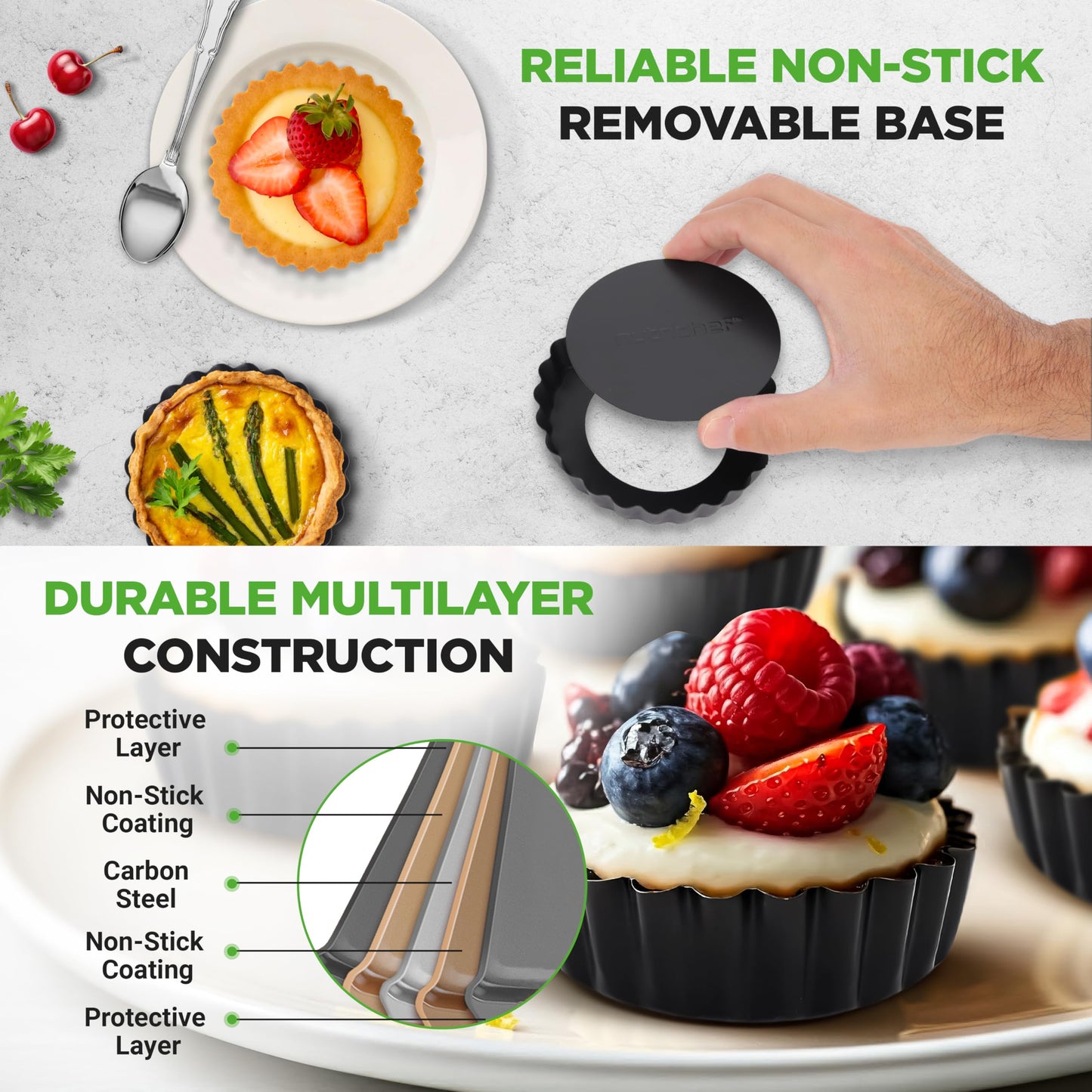 NutriChef Mini Tart Pans 10 Nonstick Molds With Removable Bottoms | 4 Inch Heavy Duty Steel Quiche Pans | Oven & Dishwasher Safe | Fluted Sides for Sweet & Savory Foods | Includes 200 Parchment Papers