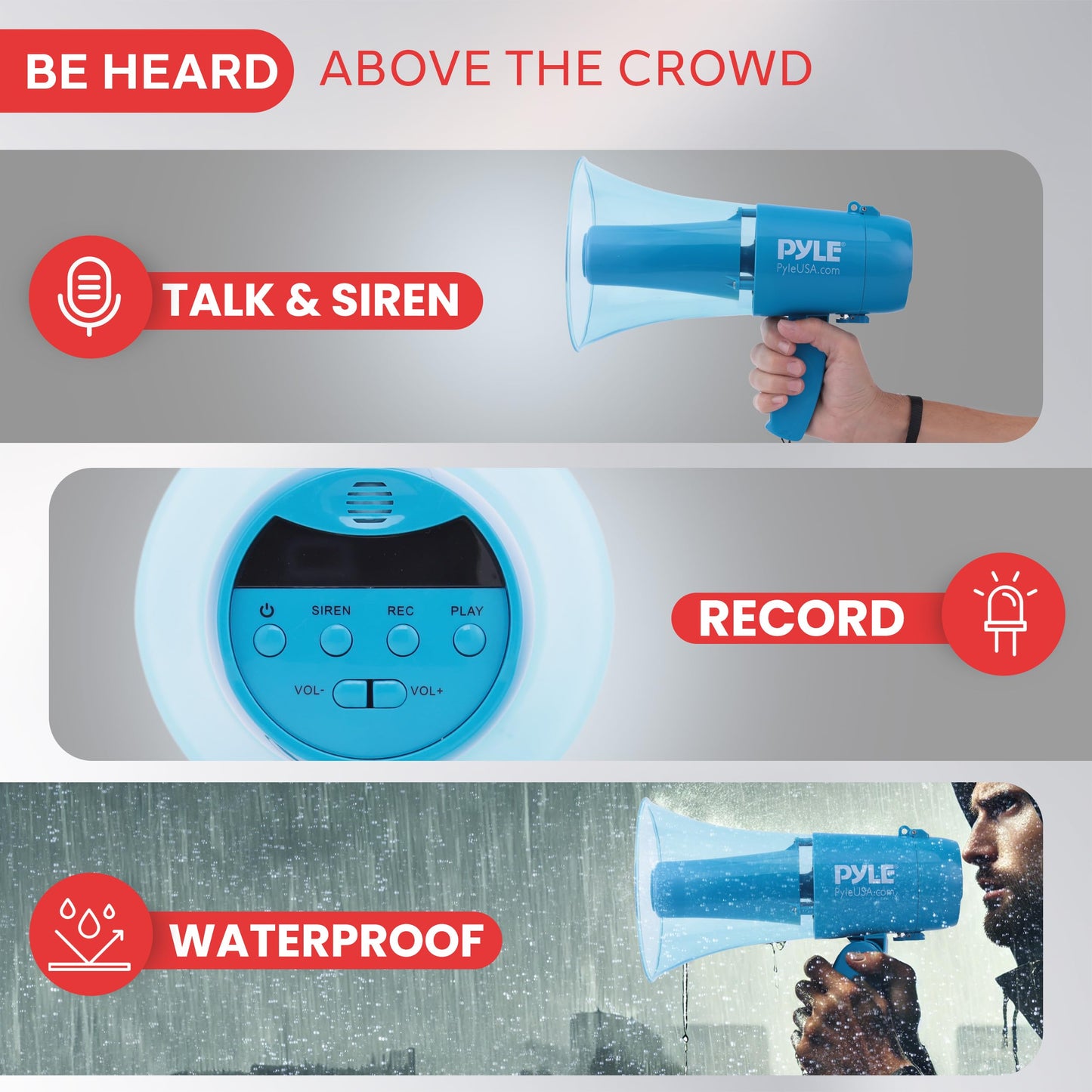 Pyle 30W Megaphone Siren Bullhorn Speaker, Rechargable, Portable and Lightweight Automatic Bullhorn for Indoor & Outdoor Use, 500 Square Yards Projection Range, Used as Siren/Music (Transparent Blue)