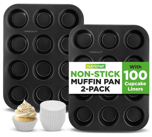 NutriChef Muffin Pans for Baking 2-Pack | Nonstick 12 Mold Cupcake Tins | Carbon Steel Stackable Cup Cake Trays | Dishwasher & Oven Safe | Includes 100 Parchment Paper Liners | 13 x 10 x 1 | Black
