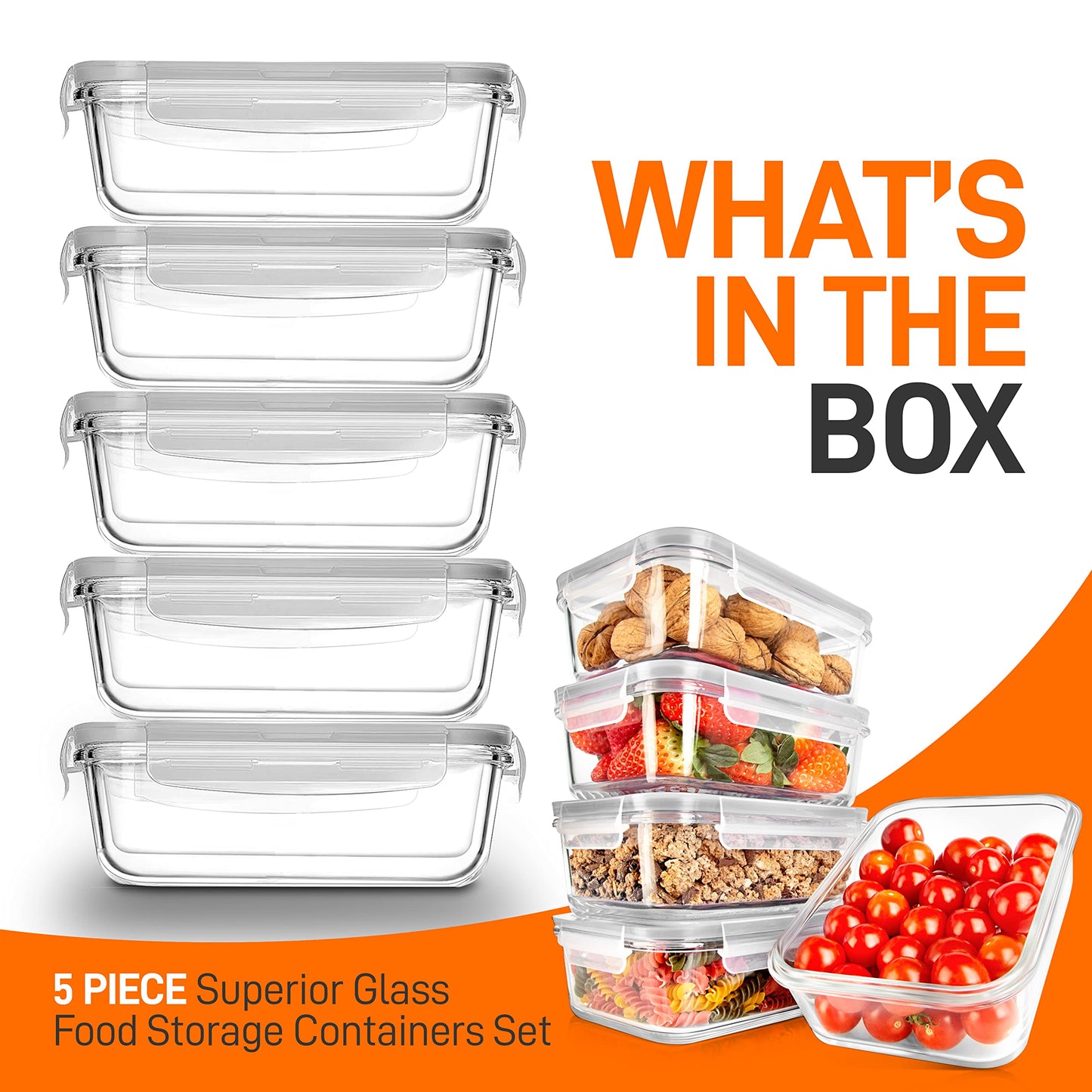 NutriChef 10-Piece Superior Glass Food Storage Containers Set (5 Containers + 5 Locking Lids),Stackable Meal-prep Design, BPA-free Airtight Clear Locking lids with Vent Lids & Air Hole, Gray
