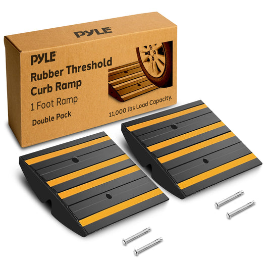 Pyle 1 Ft. Rubber Curb Ramp - Pack of 2 Heavy Duty Non-Slip Threshold Ramps for Driveways & Sidewalks, Yellow Reflective Strips, Marine Grade, Expansion Screws Included, 12.0’’x 16.0’’ x 2.6’’ Inches