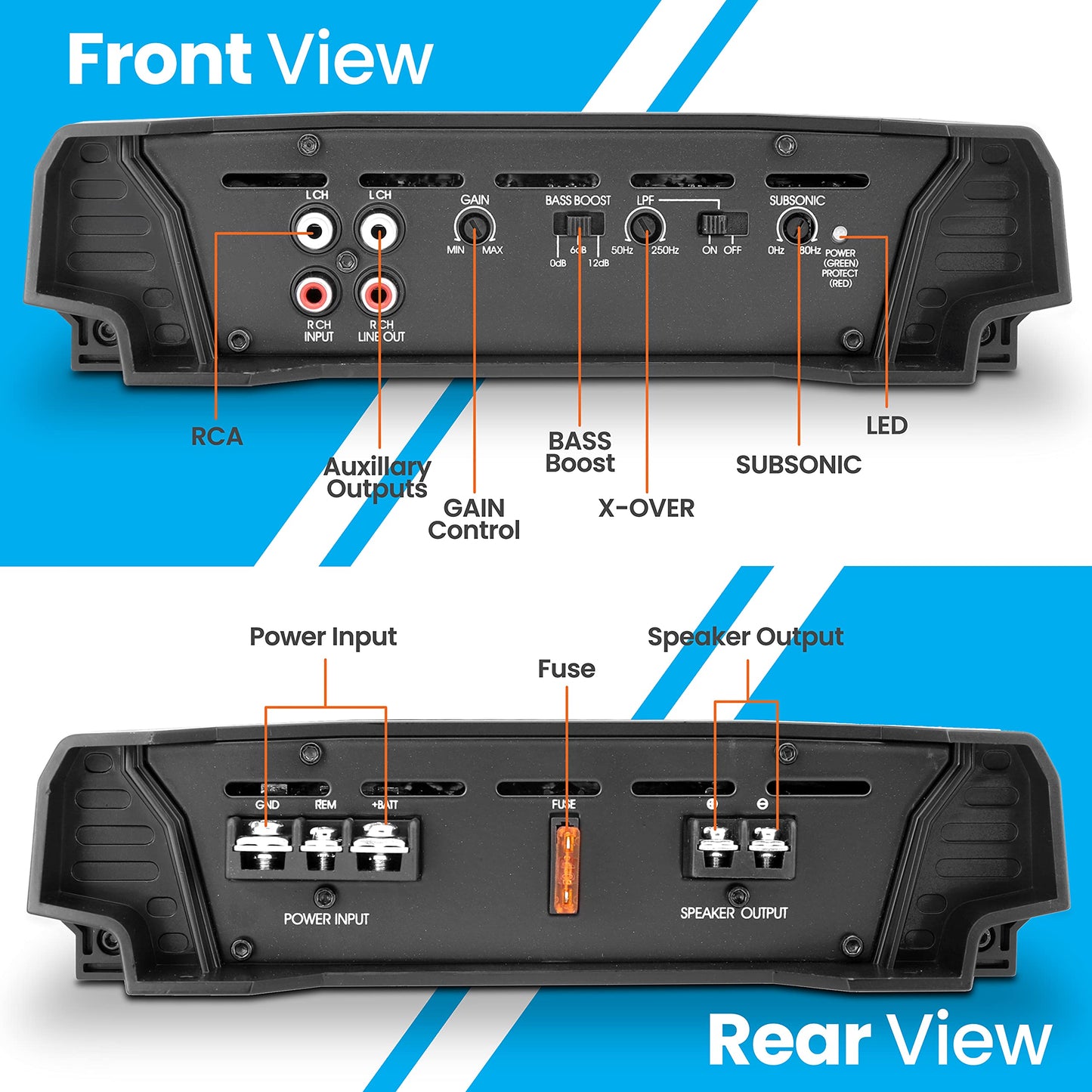 Lanzar 1 Channel Car Audio Amplifier, 3000 Watt, Monoblock, 2 Ohm, MOSFET, Nickel Plated RCA Input, Bass Boost Circuit, Electronic Crossover Network, Power Protection LEDs - HTG157