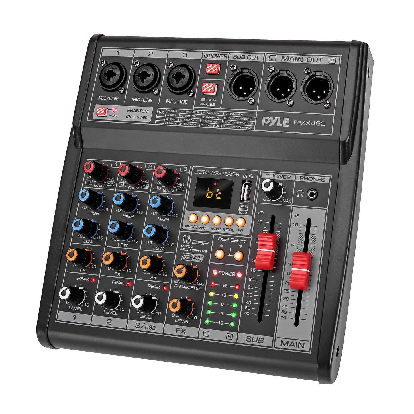 Pyle Professional DJ Audio Mixer - 3-Channel Controller with 16 Preset DSP Effects - USB Interface - 3 Mic/Line Inputs - +48V Phantom Power - Built-in FX Processor - MP3 Player/Headphone Jack - PMX462