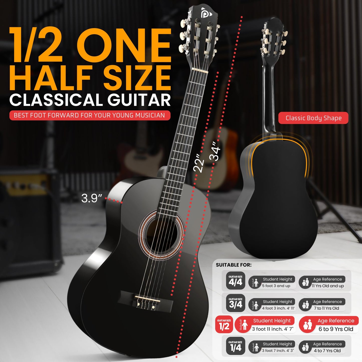 Pyle Classical Guitar Starter Kit - 34" 1/2 Size All Wood Instrument with Capo, Gig Bag, Strings, Strap, Picks (Black Gloss)