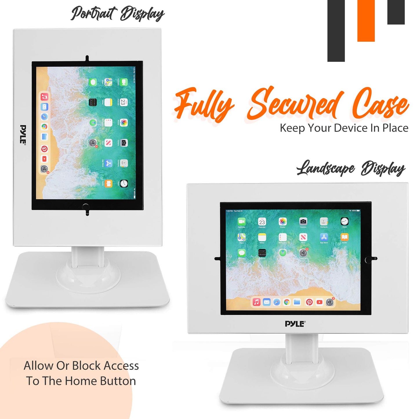 Pyle Anti Theft Tablet Security Stand - Table Mount Desktop Ipad Kiosk Stand w/Lock and Key Mechanism, 90° Rotate 75° Tilt - iPad, iPad Air, iPad Pro, Samsung Galaxy Tab A (2023) PSPADLK18, White