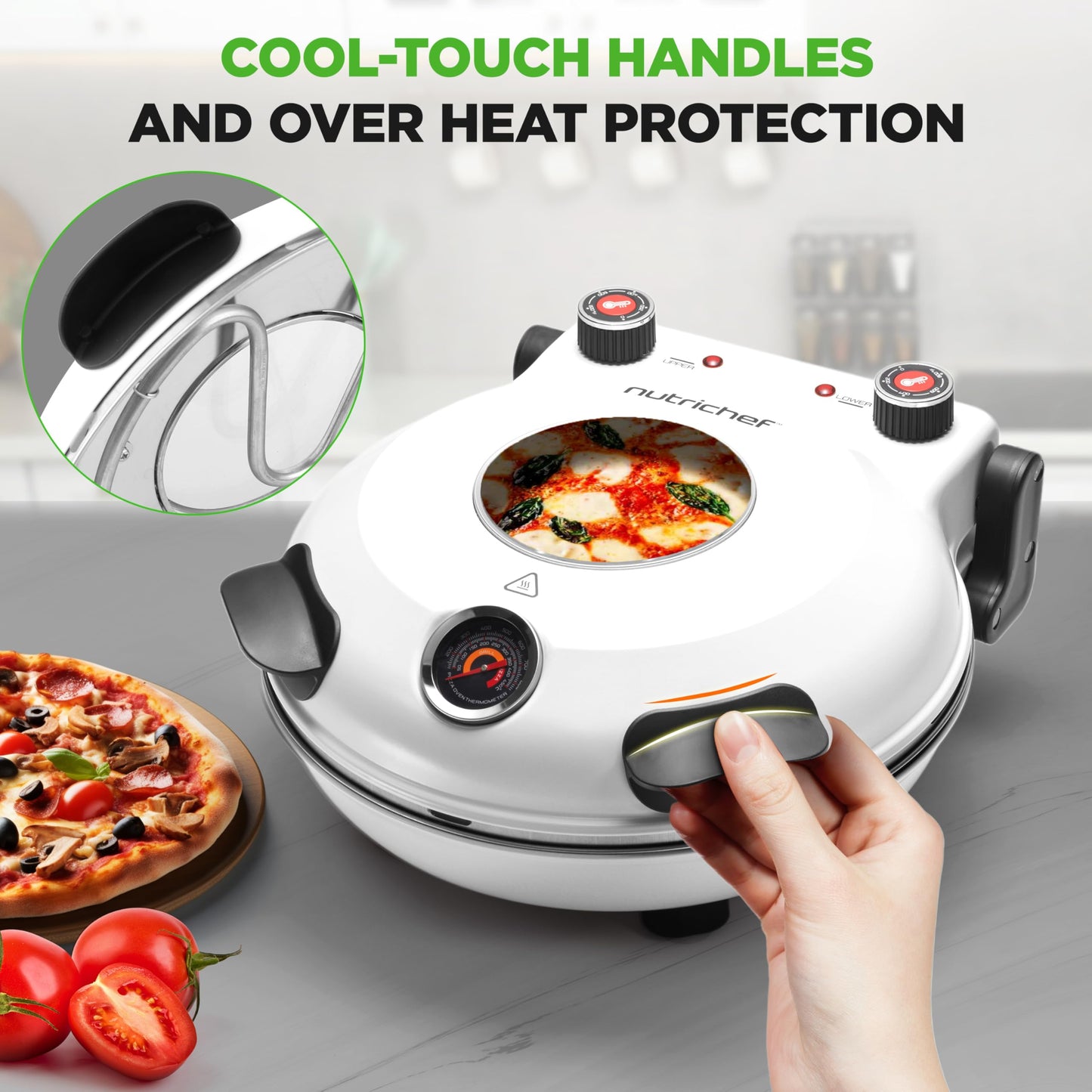 NutriChef Electric Pizza Oven | 12 Inch Countertop Pizza Maker with Temperature Control & Thermometer | Viewing Window for Precise Cooking | Heats up to 800F | Easy to Clean Non-Stick Stone | White