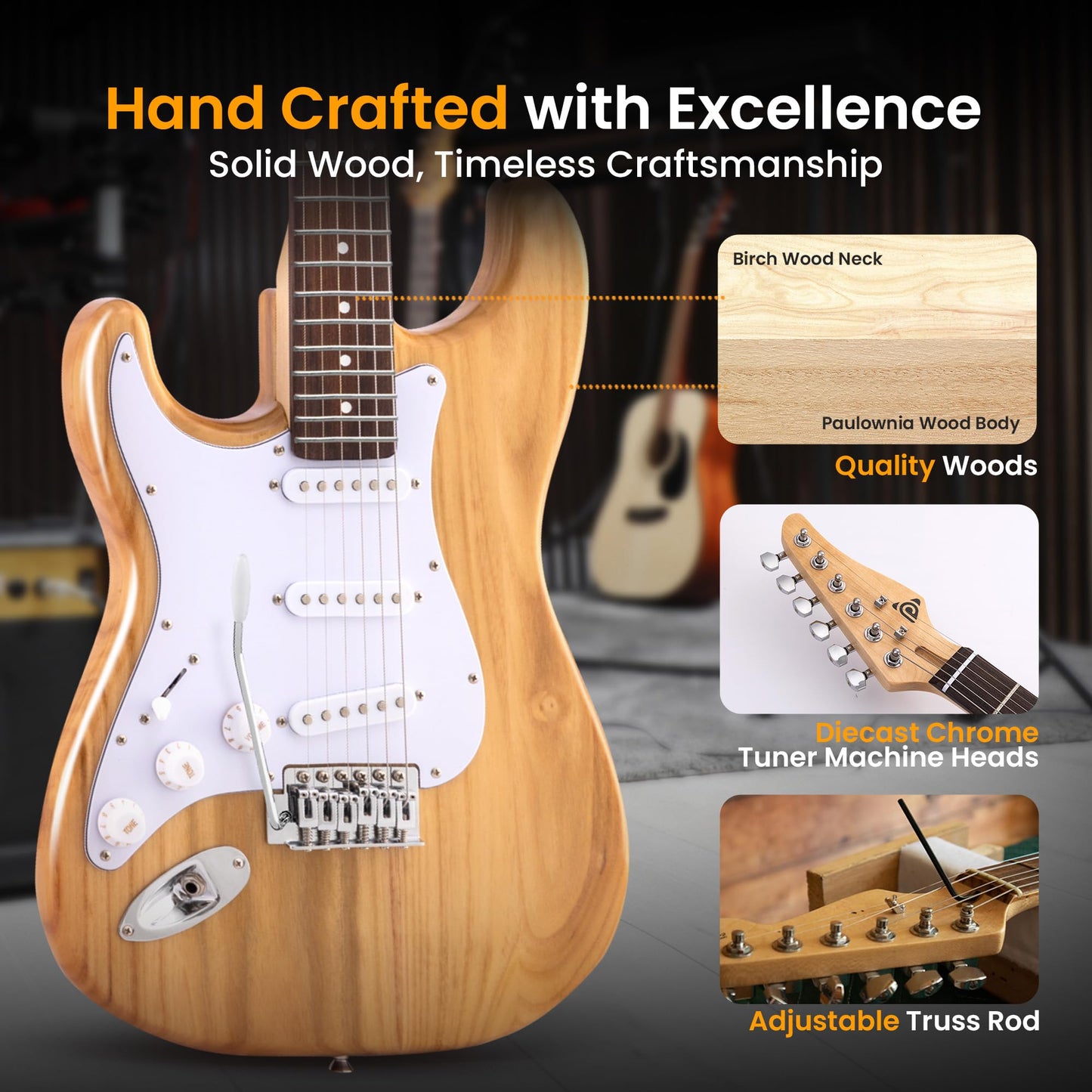 Pyle Full Size Left Handed Electric Guitar Kit with 5W Amplifier, Gig Bag, Picks, Spare Strings, and Strap, ST-Style Beginner Guitar Bundle with 22 Frets, Paulownia Wood Body, Natural-Lefty
