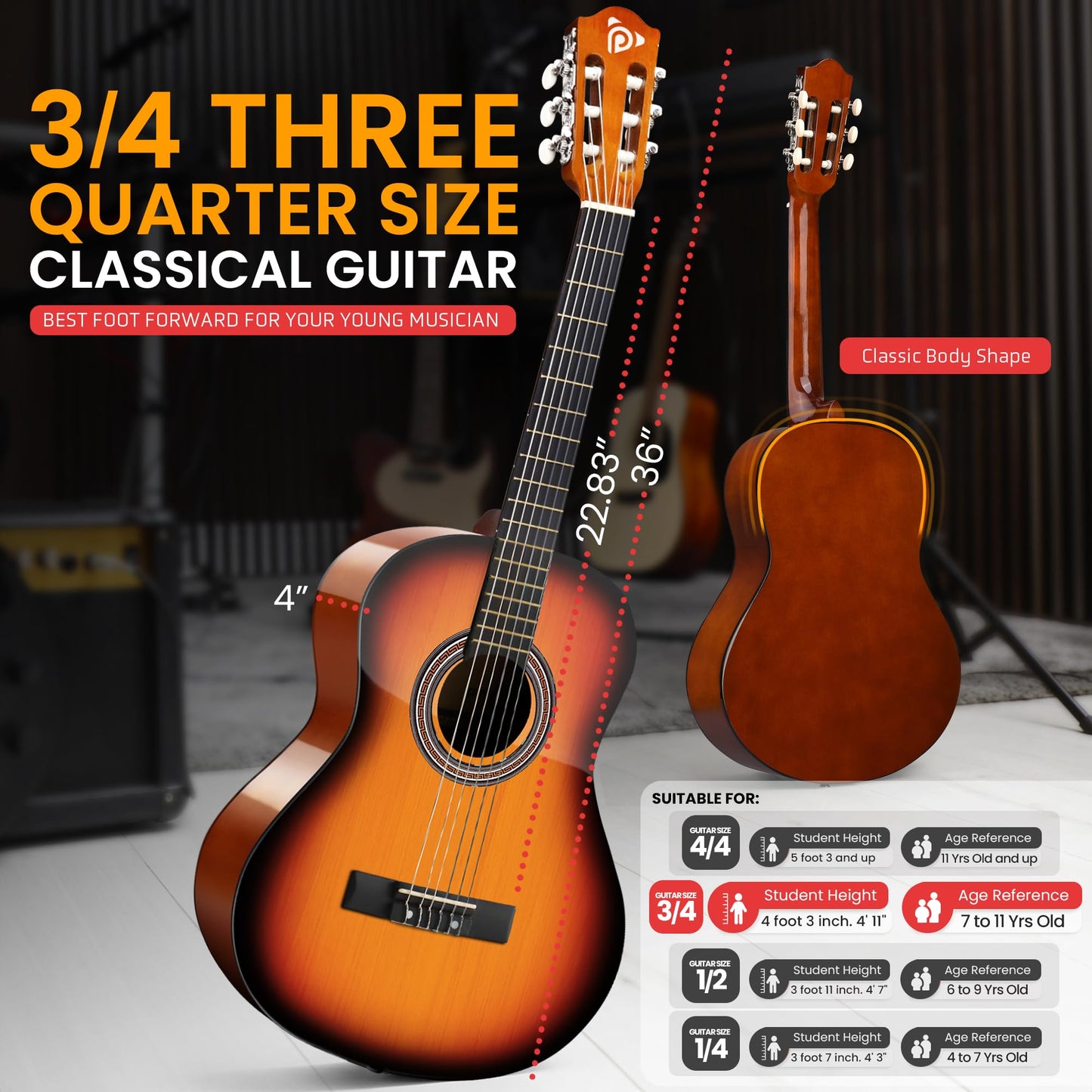 Pyle Beginner Acoustic Guitar Kit, 3/4 Junior Size All Wood Instrument for Kids, Adults, 36" Sun Burst