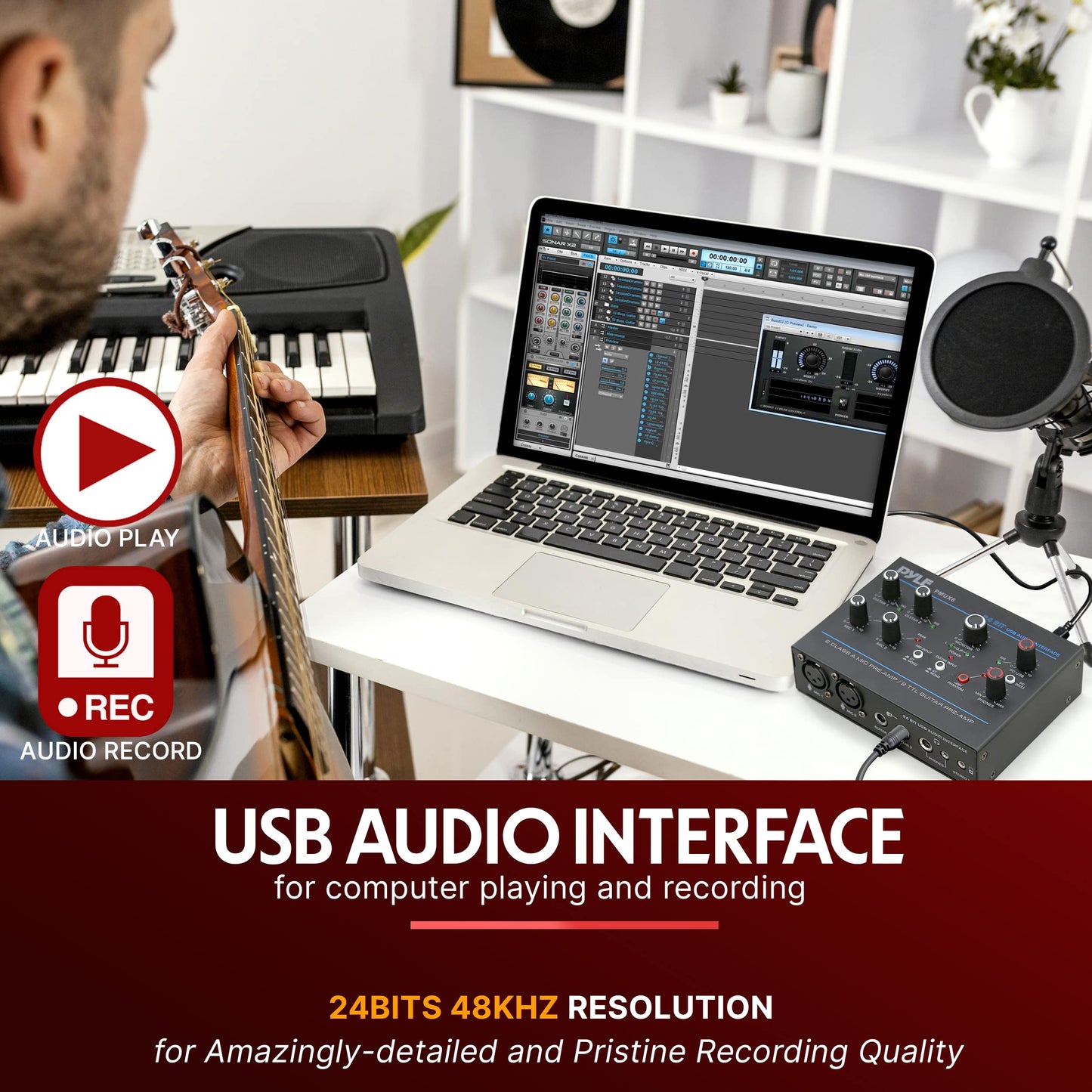 Pyle Professional USB Audio Interface - MIC/Guitar/AUX Stereo Inputs - Phone & Monitor Outputs - 48V Phantom Power - Ultra Low Noise - Compact Rugged Design - Ideal for PC Playing & Recording - PMUX6
