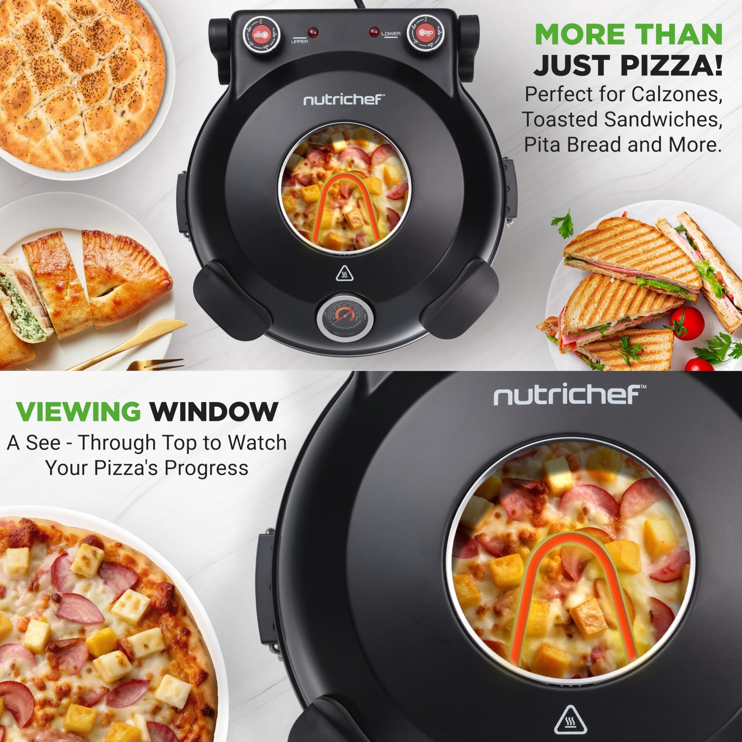 NutriChef Electric Pizza Oven | 12 Inch Countertop Pizza Maker with Temperature Control & Thermometer | Viewing Window for Precise Cooking | Heats up to 800F | Easy to Clean Non-Stick Stone | Black