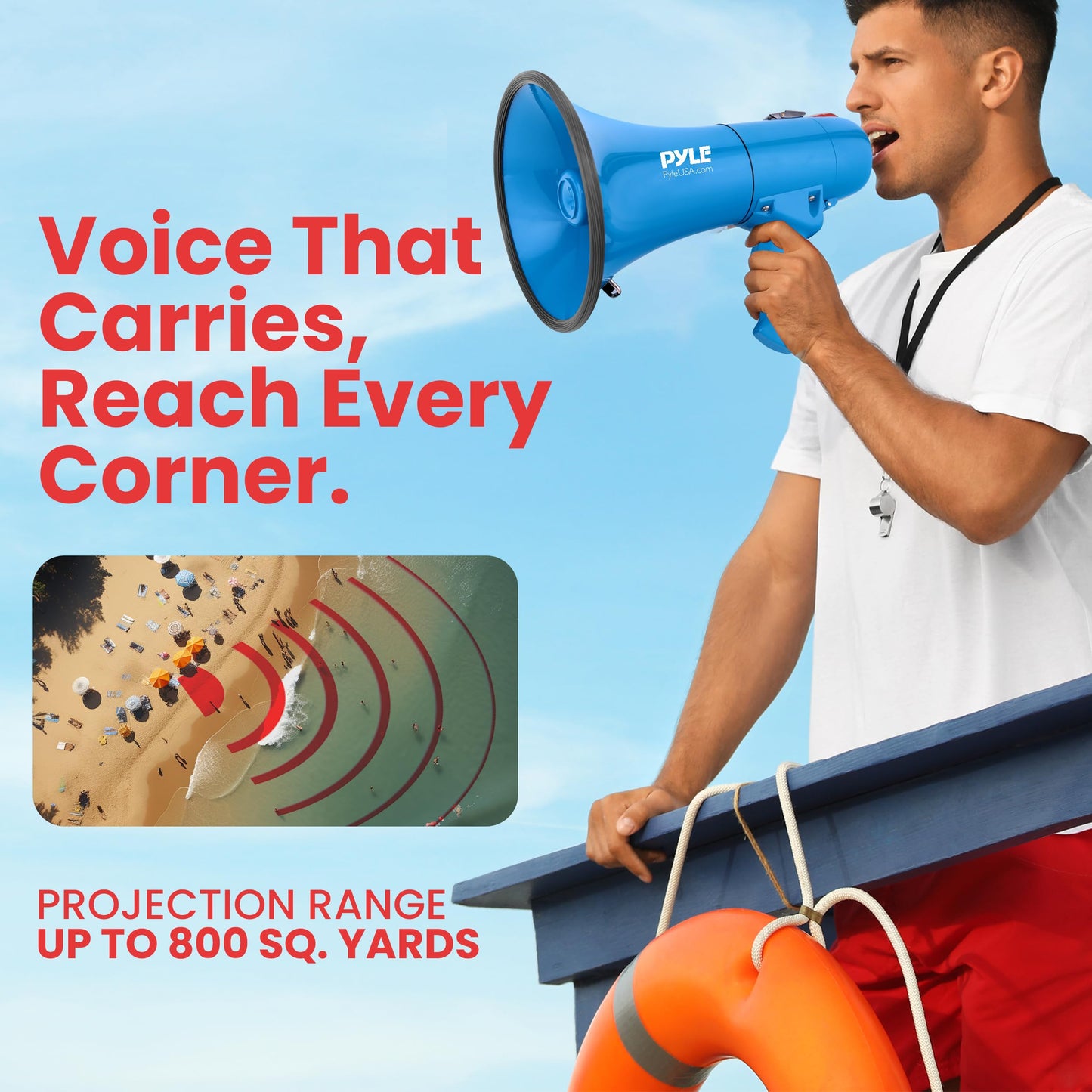 Pyle 40W Megaphone Siren Bullhorn Speaker, Portable and Lightweight Automatic Bullhorn for Indoor and Outdoor Use, 800 Square Yards Projection Range, Use as Siren/Music (Blue)