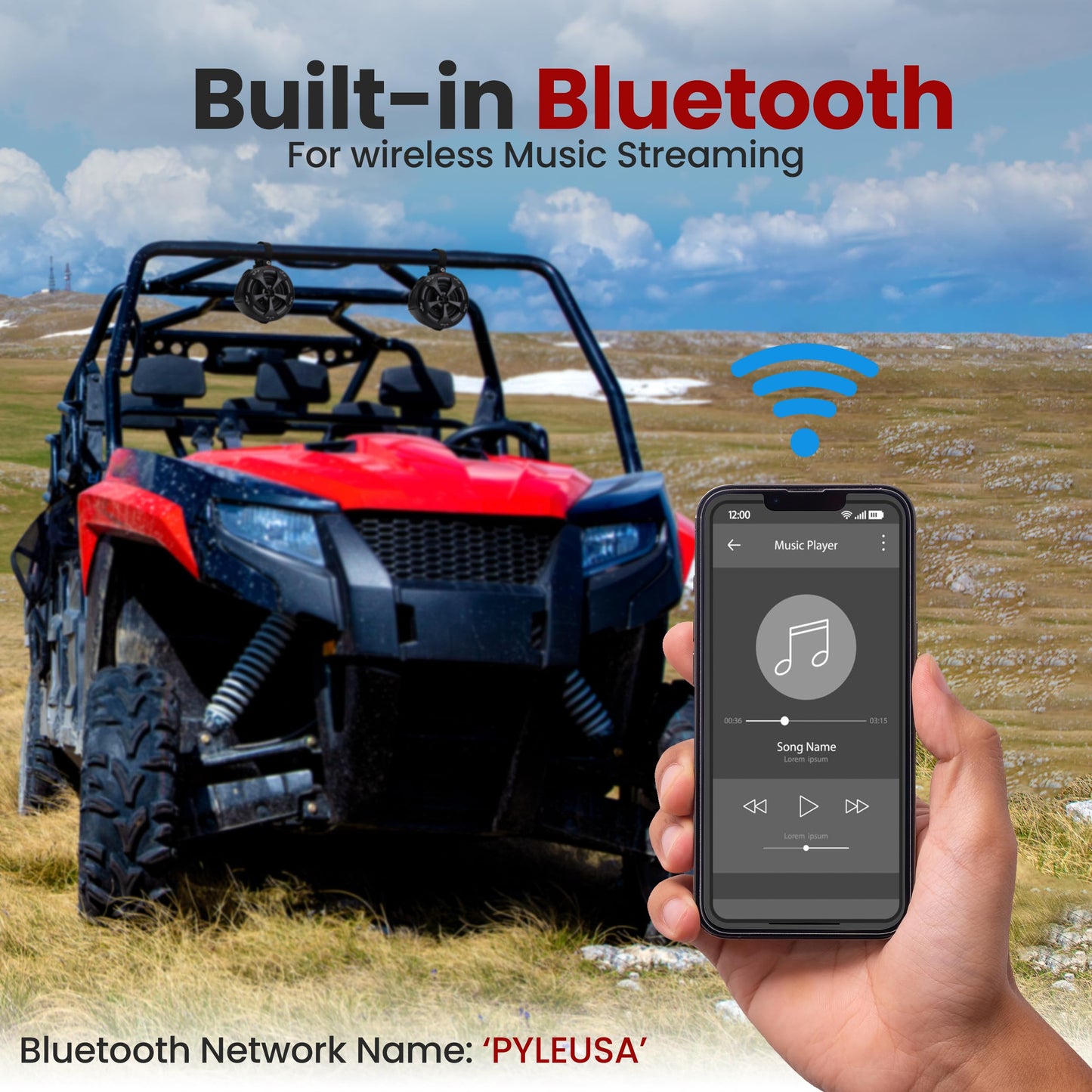 Pyle 4" Off-Road Bluetooth Waterproof Speakers -800W Peak Power Amplified Speaker System for ATV / UTV, Golf Cart, Boat, Aux Input Jack, For use w/all 12V Vehicles - PLUTV43BTA, Black