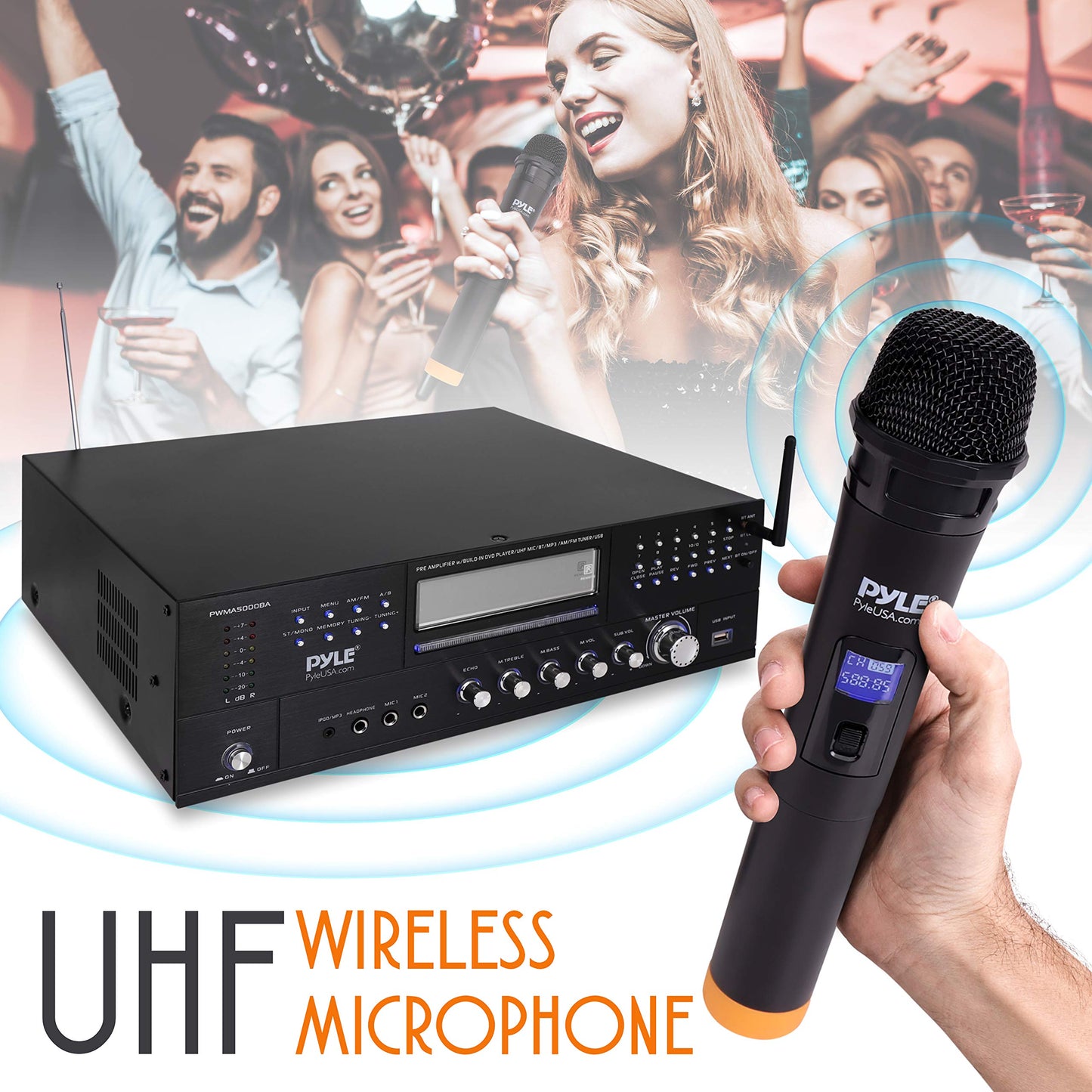 Pyle 4-Channel Karaoke Home Wireless Microphone Amplifier - Audio Stereo Receiver System, Built-In CD DVD Player, Dual UHF Wireless Mic/MP3/USB Reader, AM/FM Radio - PWMA5000BA