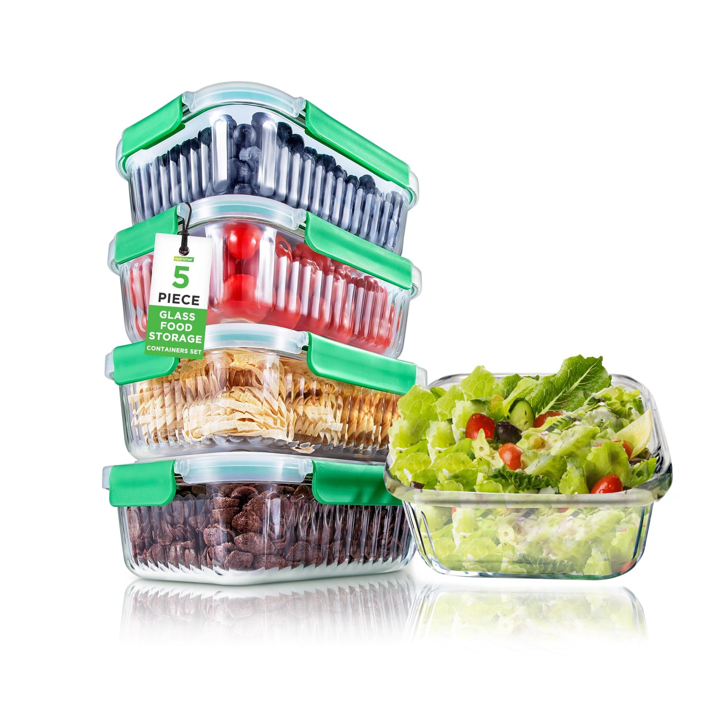 NutriChef 10-Piece Glass Food Storage Containers Set – (5 BPA-Free Airtight Meal Prep Containers with 5 Vented Locking Lids), Stackable & Oven Safe, Leakproof, Reusable, Freezer & Microwave Friendly