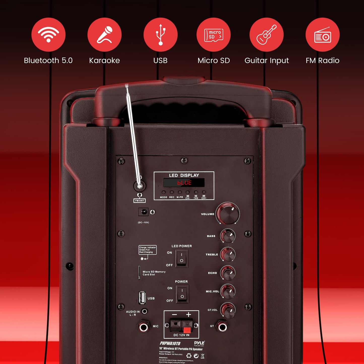 Pyle 10’’ Portable PA Speaker System - Wireless BT Streaming PA & Karaoke Party Audio Speaker, Two Wireless Mic, Wired Microphone, Tablet Stand, Flashing Party Lights, MP3/USB//FM Radio - PHPWA10TB