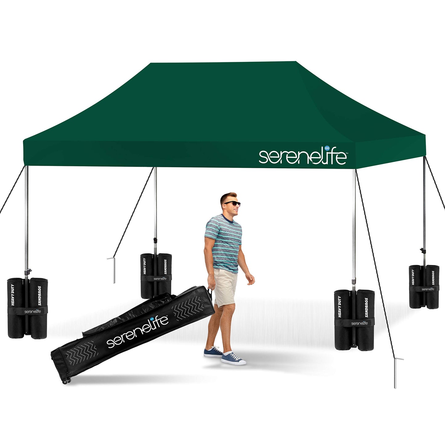 SereneLife SLGZ15FG Pop Commercial Instant Shelter-Waterproof Polyester Tent with Portable Wheeled Carry Sand Bag, 10 x 15 ft. (Forest Green), 10x15