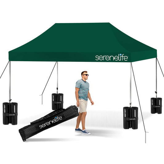 SereneLife SLGZ15FG Pop Commercial Instant Shelter-Waterproof Polyester Tent with Portable Wheeled Carry Sand Bag, 10 x 15 ft. (Forest Green), 10x15