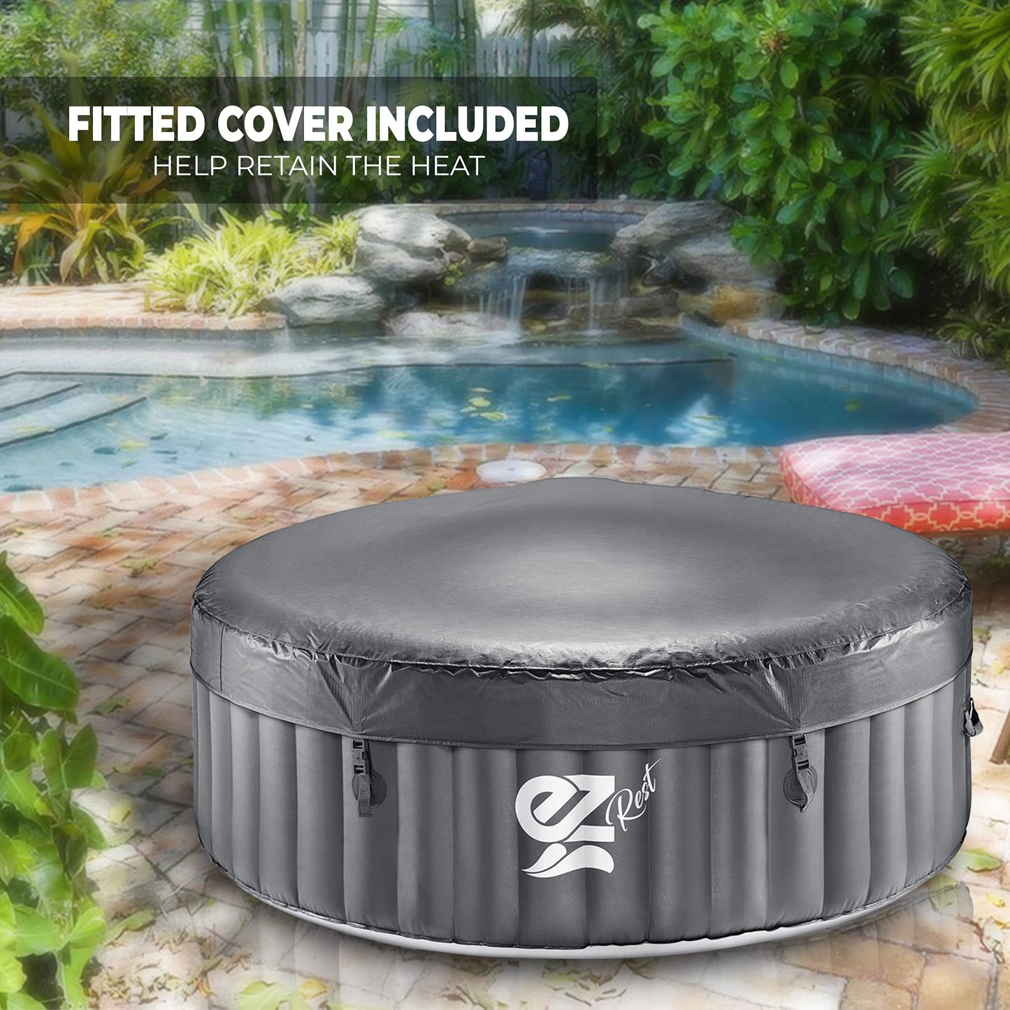 SereneLife Outdoor Portable Hot Tub - 71" x 25'' 4-Person Round Inflatable Heated Pool Spa with 100 Bubble Jets, Filter Pump, Cover, LED Lights, and Remote Control