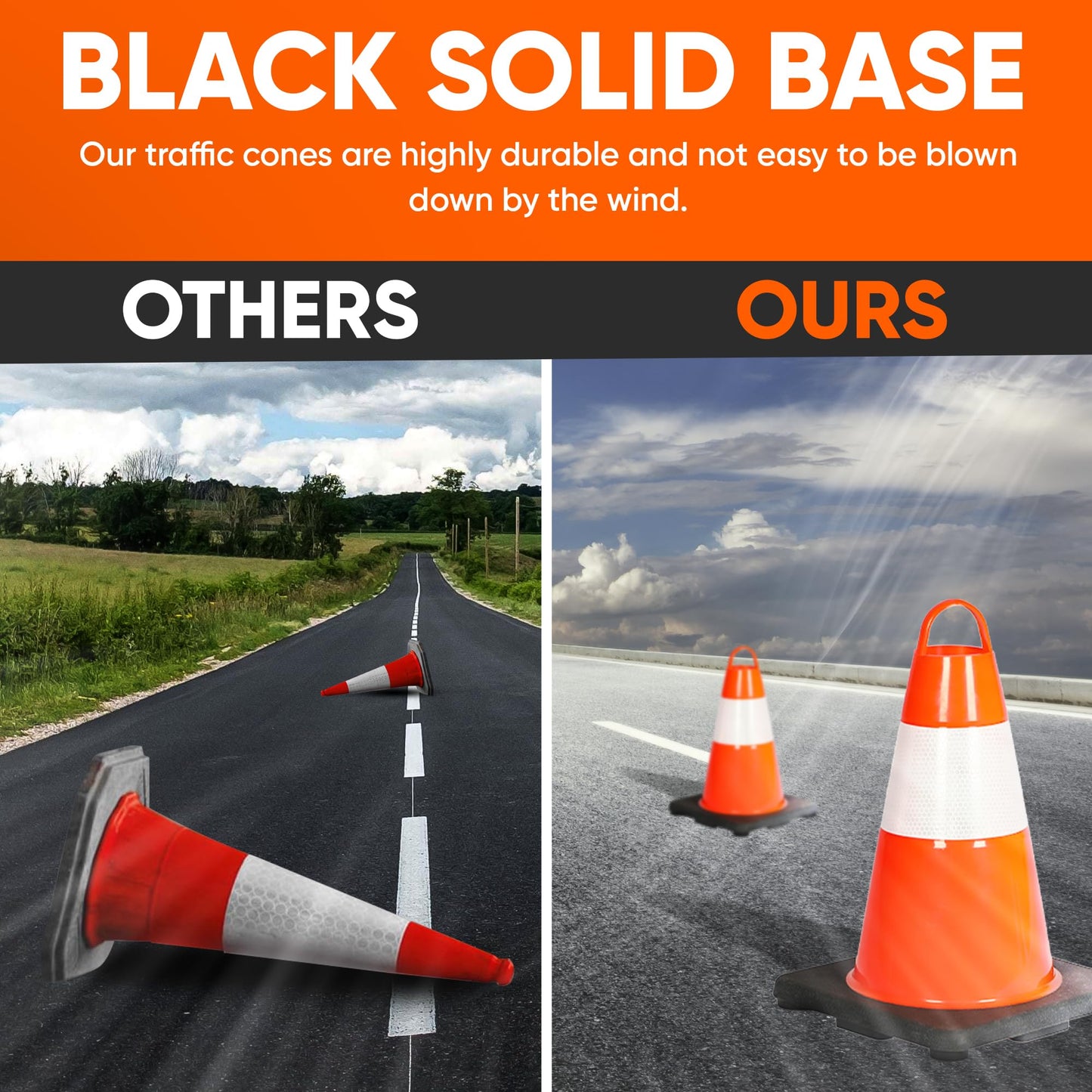 Pyle 12" PVC Traffic Cones, 6-Pack Safety Cones for Parking, Construction, Roadwork, & Sports Training, High-Visibility Orange, Durable, Stackable Design, Heavy-Duty Base for Stability in All Weather