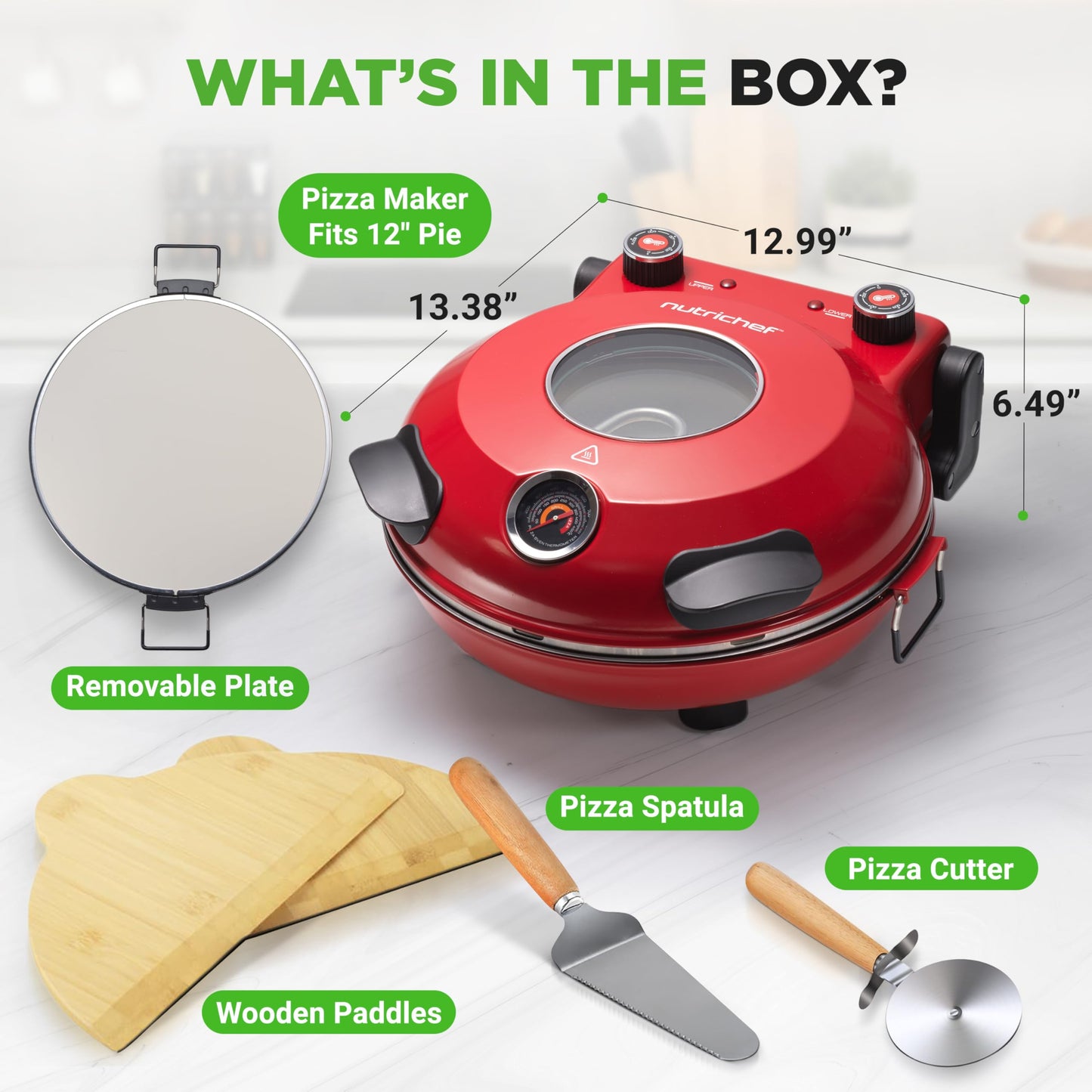 NutriChef Electric Pizza Oven | 12 Inch Countertop Pizza Maker with Temperature Control & Thermometer | Viewing Window for Precise Cooking | Heats up to 800F | Easy to Clean Non-Stick Stone | Red