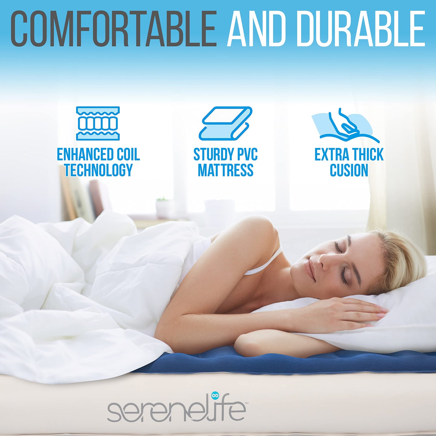 SereneLife EZ Bed Air Mattress with Frame and Rolling Case, Self-Inflating Airbed with Built in Pump for Travel and Hosting, Queen