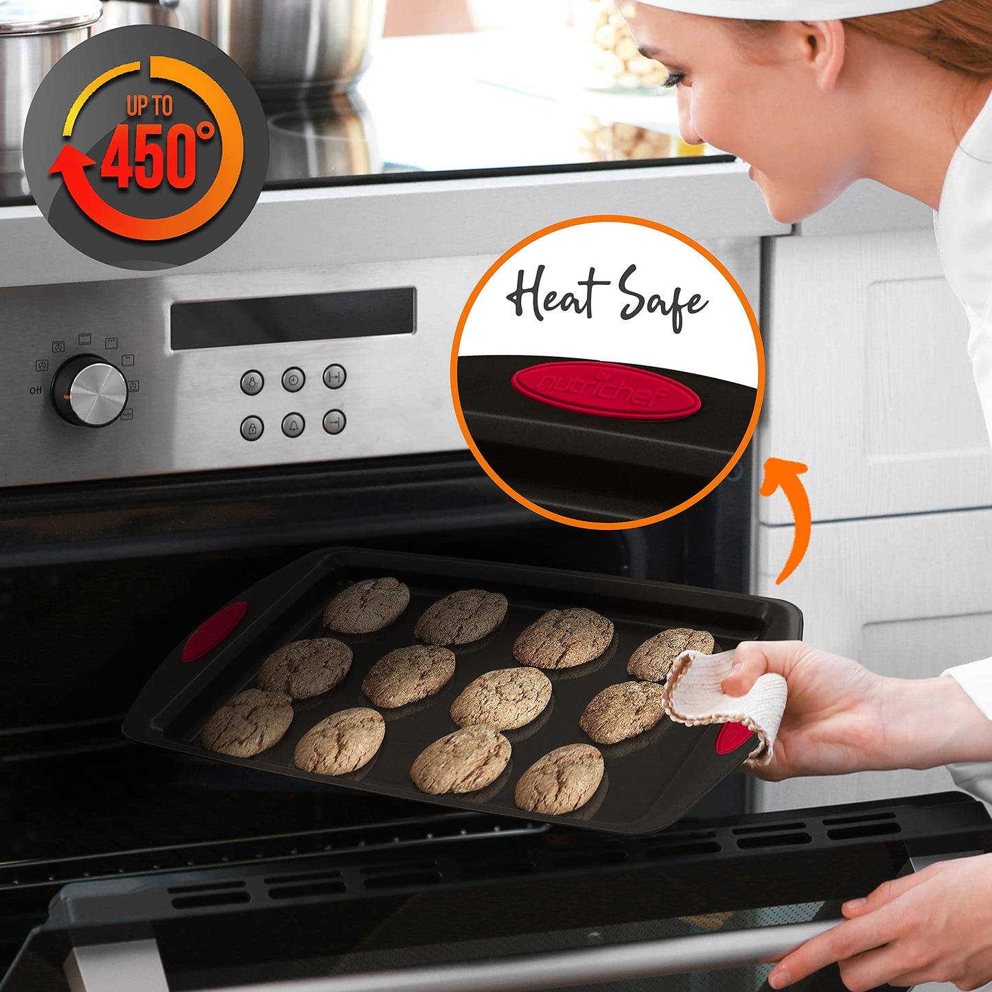 NutriChef 2-Piece Nonstick Baking Pan Set – Carbon Steel Cookie Sheet w/Red Silicone Grip Handles – Durable, Heavy-Duty Bakeware for Even Heat Distribution – Oven Safe, Easy Cleanup – Black
