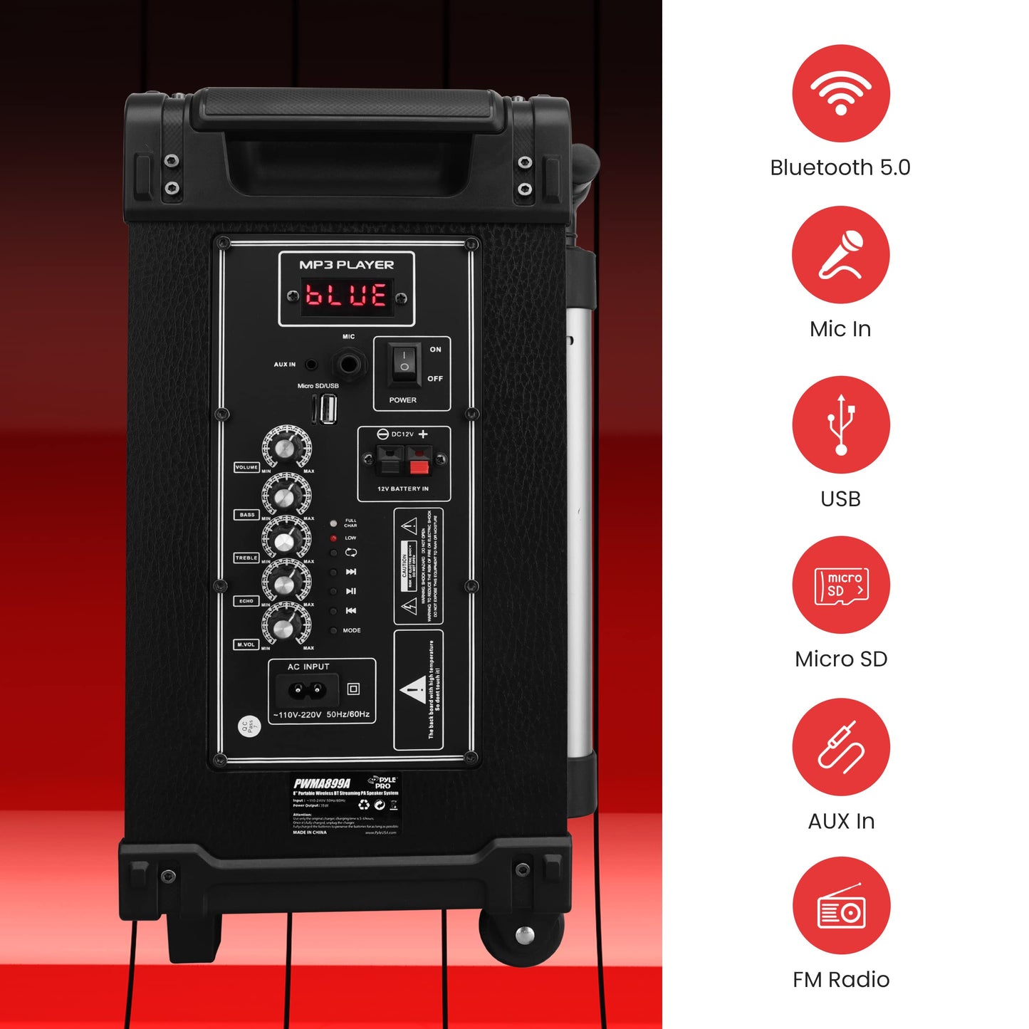 Pyle 8'' Portable Wireless Bluetooth Speaker System - Built-in Rechargeable Battery, Wireless Microphone, USB/Micro SD/FM - 350 Watt - FM Radio with Digital LED Display, PWMA899A
