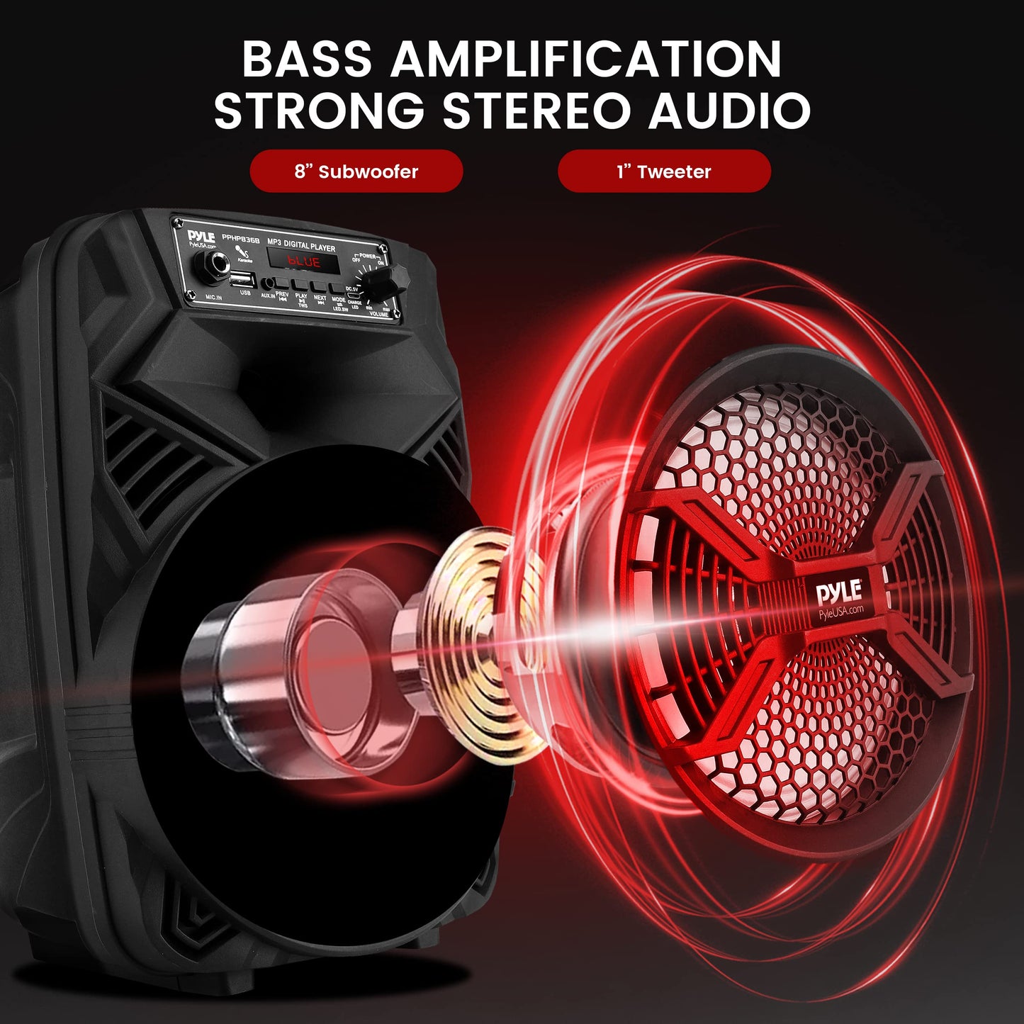 Portable Bluetooth PA Speaker System - 300W Rechargeable Indoor/Outdoor Bluetooth Portable PA System w/ 8” Subwoofer 1” Tweeter, Microphone In, Party Lights, MP3/USB, Radio, Remote - Pyle PPHP836B