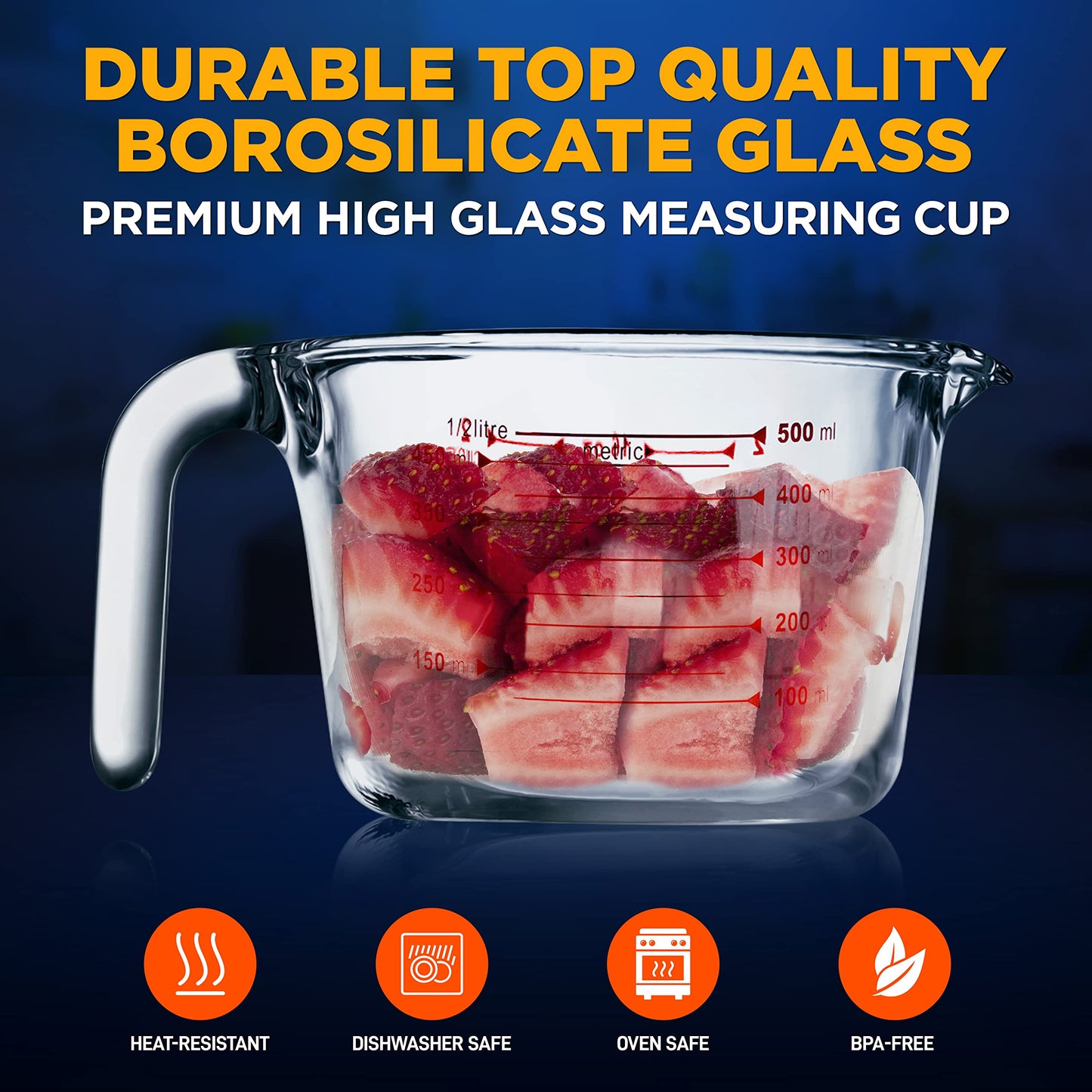 NutriChef High Borosilicate Glass Measuring Cup with Customized Decal Scale, 500 ml, Safe to Use in Microwave and Freezer, Oven and Dishwasher Safe