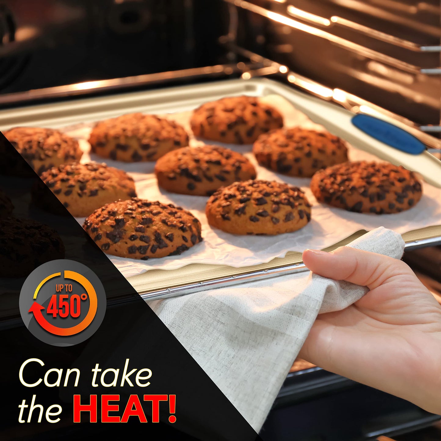 NutriChef 3-Piece Nonstick Bakeware Set - Premium Carbon Steel Oven Baking Trays w/Blue Silicone Handles - Small, Medium & Large Cookie Sheet Pans - PFOS, PFOA, PTFE-Free, Easy to Clean