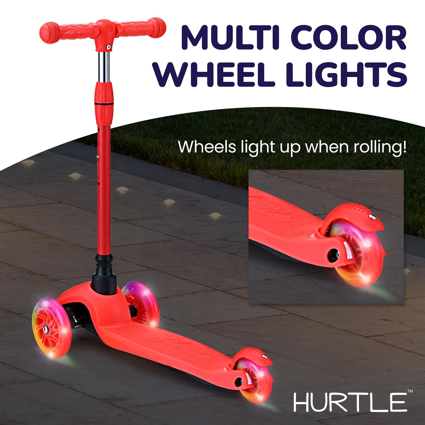 Hurtle Mini Kickboard Scooter for Kids - Height Adjustable 25''-28'', Lightweight 3-Wheel with LED Light-up Wheels, Anti-Slip,Indoor/Outdoor Fun, Micro Scooters for Ages 2-5 (Red)