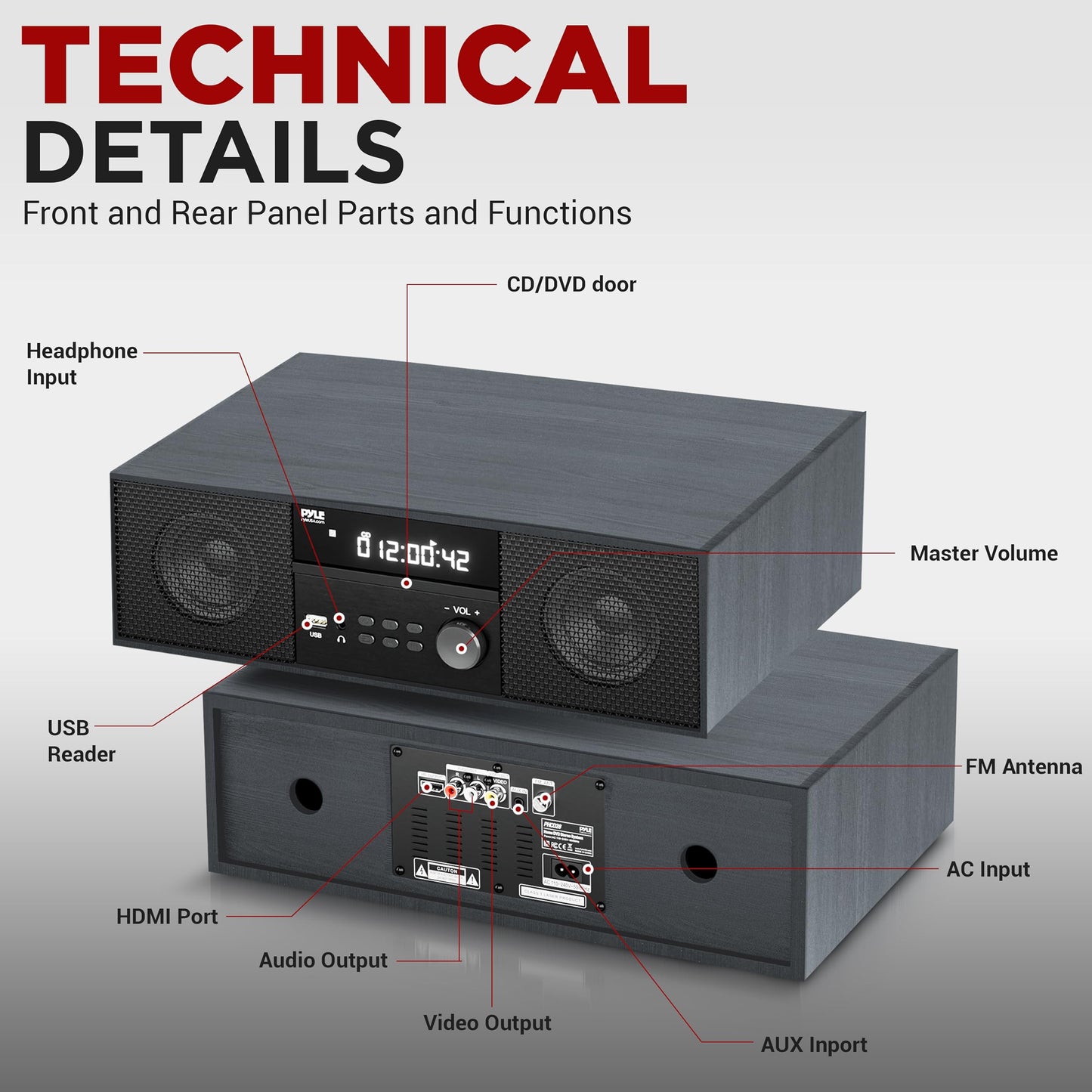Pyle Home CD/DVD Stereo Shelf System - 200W Remote Operated Player w/Wireless Microphone, BT Connectivity, FM Radio/USB/Earphone/AUX, Supports HDMI, Adjustable Bass/Treble (Grey & Silver)