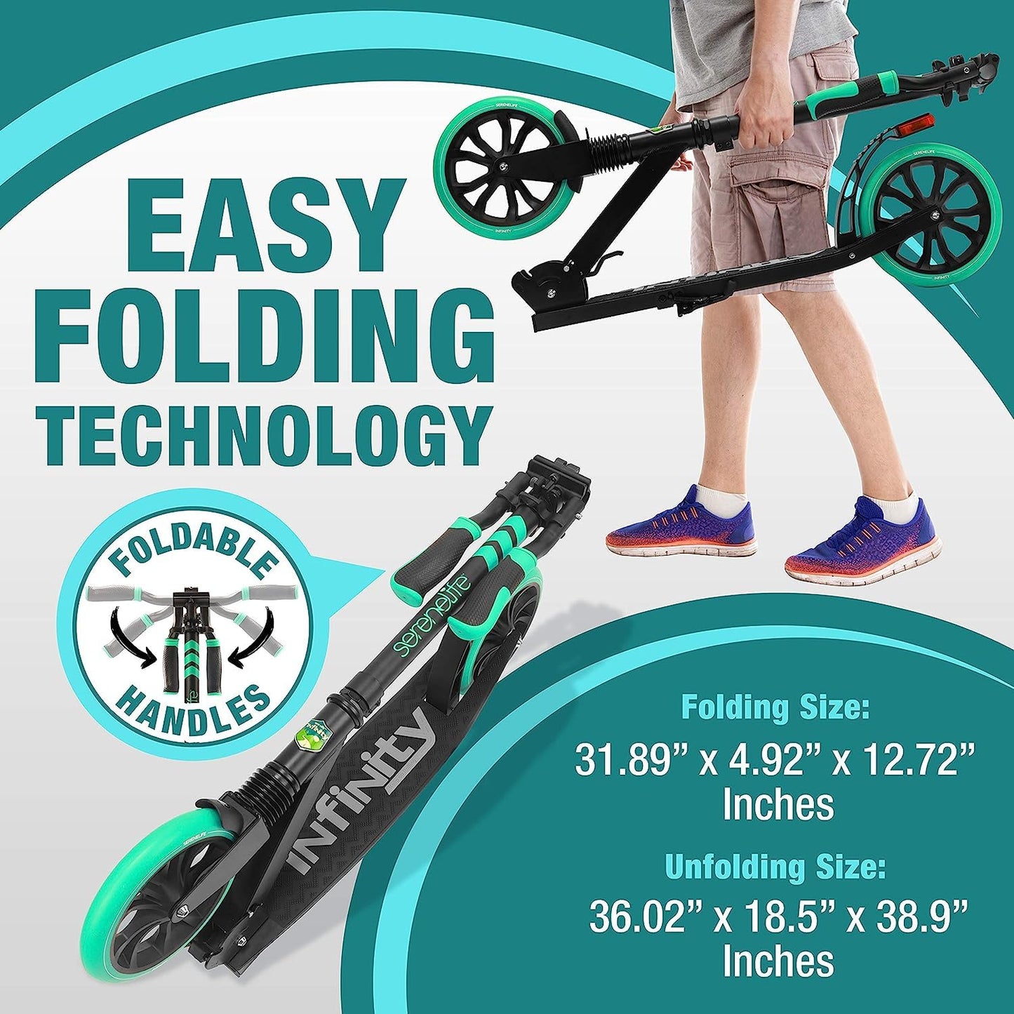 SereneLife Kick Scooter for Adults, Teenagers and Kids - 2 Wheel Scooter With Adjustable T-Bar Handlebar - Alloy Anti-Slip Deck - Portable Folding With Carrying Strap - Aqua