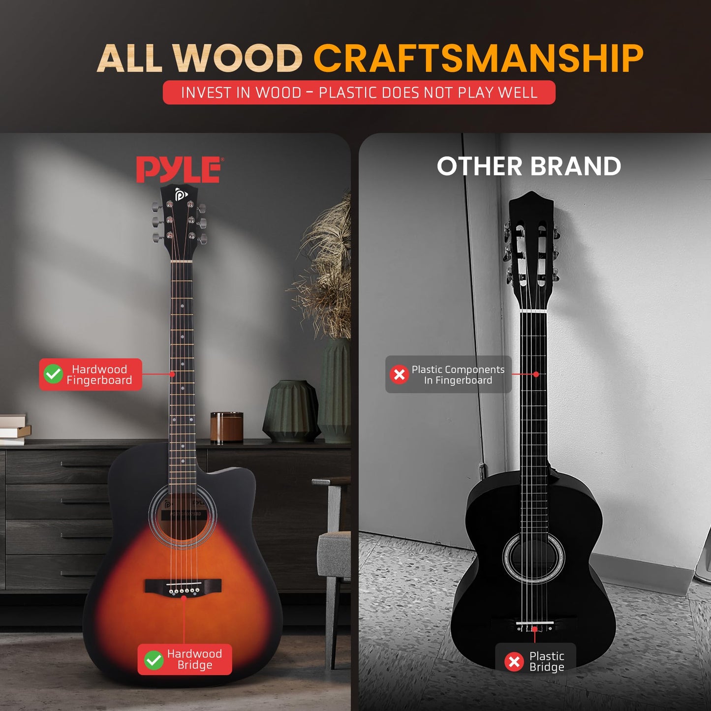 Pyle Steel String Acoustic Guitar Kit, 4/4 Full Size Cutaway All-Wood Guitarra Acustica with Premium Accessory Set and Upgraded Gig Bag, 41" Sunburst Teardrop Matte