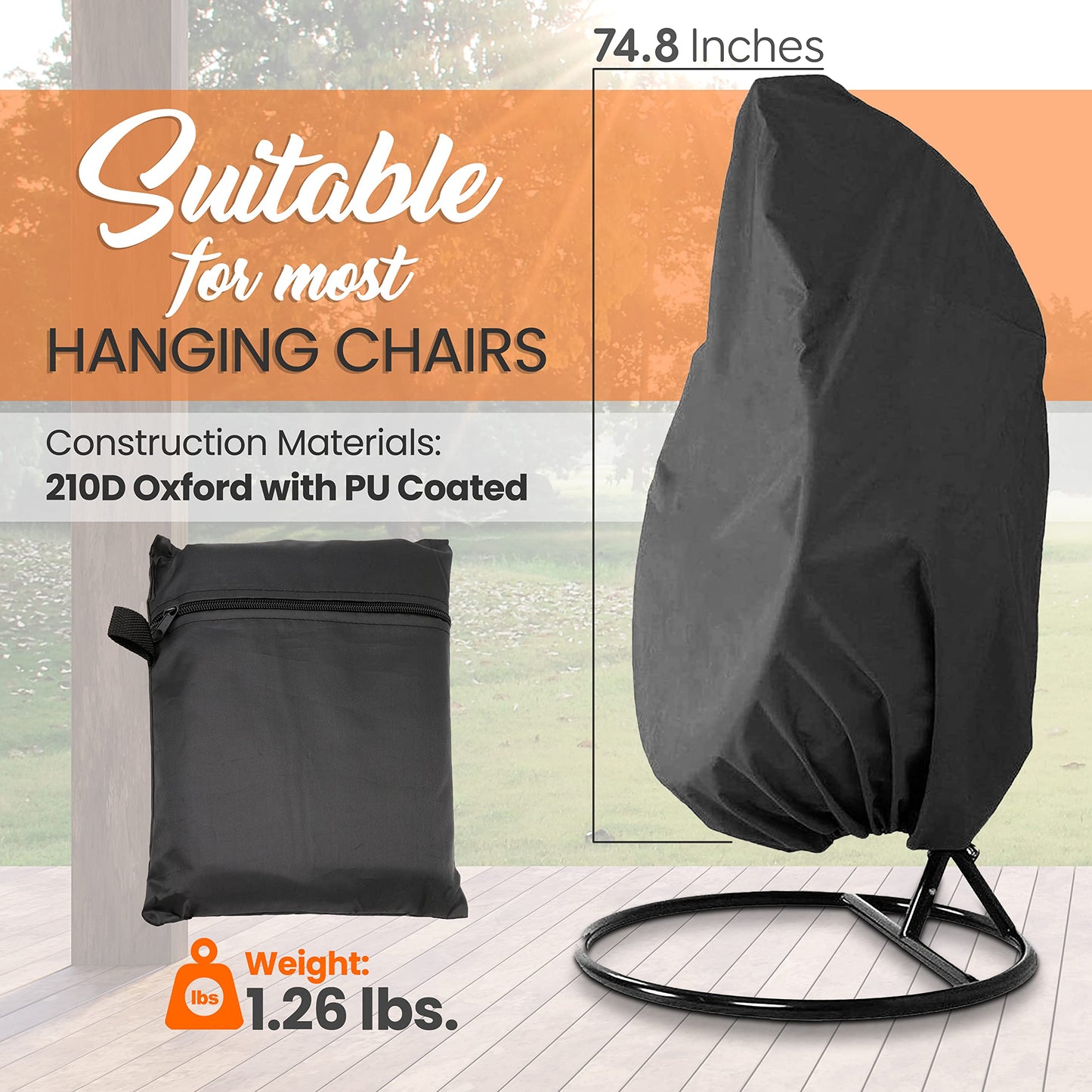 SerenelifeHome Hanging Egg Chair Cover-75" x 45" Waterproof/Windproof Dust Protector w/ Zipper & Hem Cord, Suitable for Most Outdoor Swing/Pod Chairs,Perfectly Fits Model SLGZ0EGG, One Size, Black