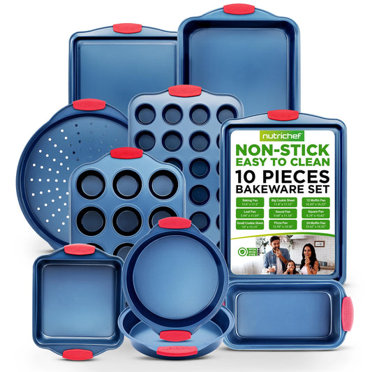 NutriChef 10-Piece Nonstick Bakeware Set - Premium Carbon Steel Baking Pans w/Silicone Handles - Includes Pizza Tray, 12 & 24 Cup Muffin Pans, Cookie Sheets, Round & Square Pans, Loaf Pan - Blue