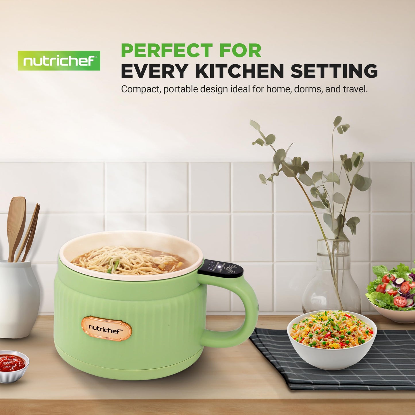 NutriChef 1.6 QT Portable Electric Rice Cooker & Lunch Maker | Multi-Functional & Non-Stick Ceramic Coating | Digital Control Panel | 6 Cook Functions: Rice, Soup, Stew, Porridge & More | Green