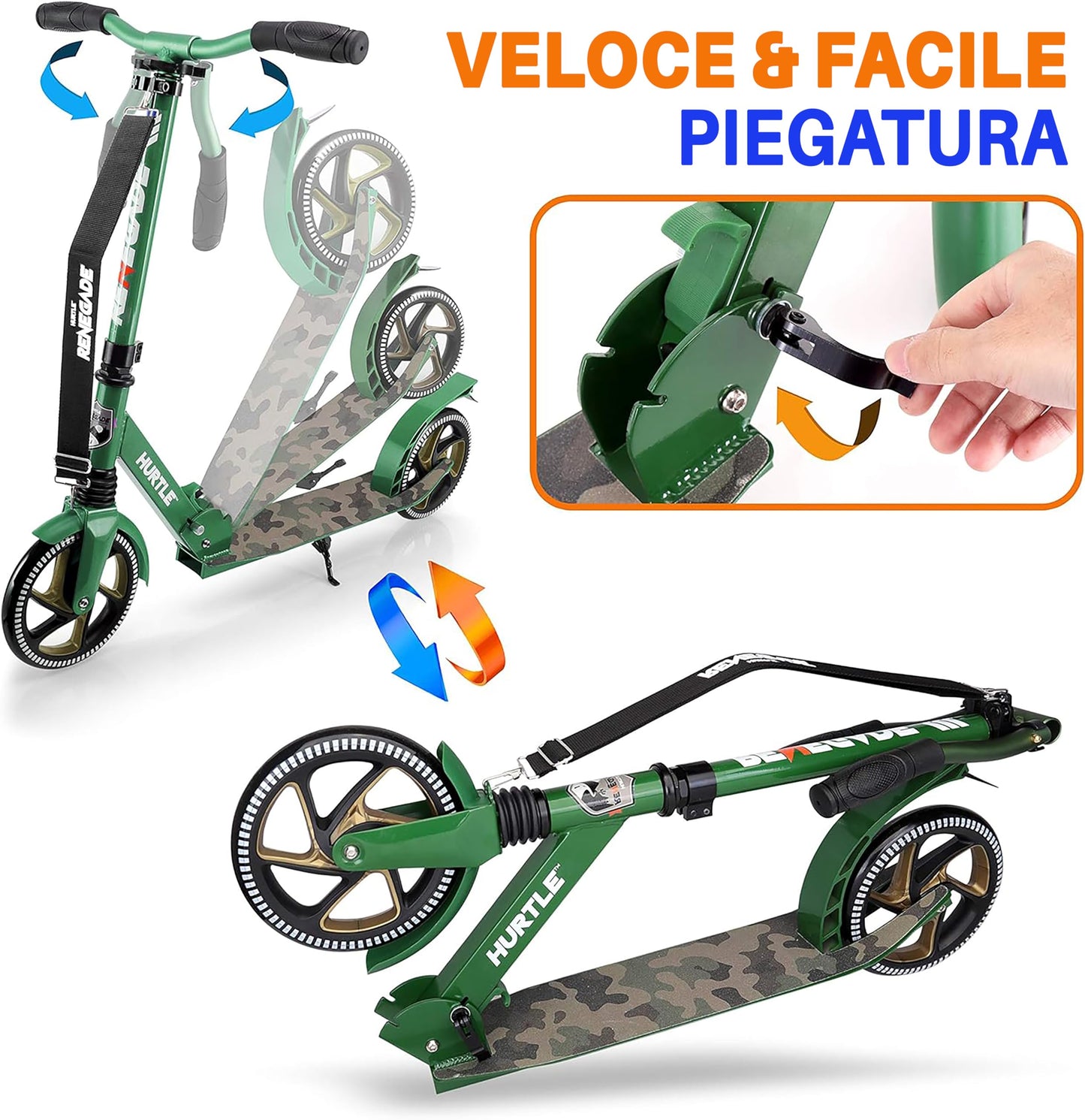 Hurtle Renegade Kick Scooters for Kids Teenagers Adults- 2 Wheel Kids Scooter with Adjustable T-Bar Handlebar - Alloy Anti-Slip Deck - Portable Folding Scooters for Kids with Carrying Strap