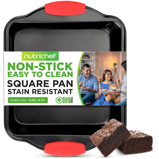 NutriChef Nonstick Square Baking Pan with Red Silicone Grip Handles - Square Brownie & Cake Tray - Even Heat Distribution, PFOA, PFOS, PTFE-Free Nonstick Coating - 8" x 8" Pan, Gray