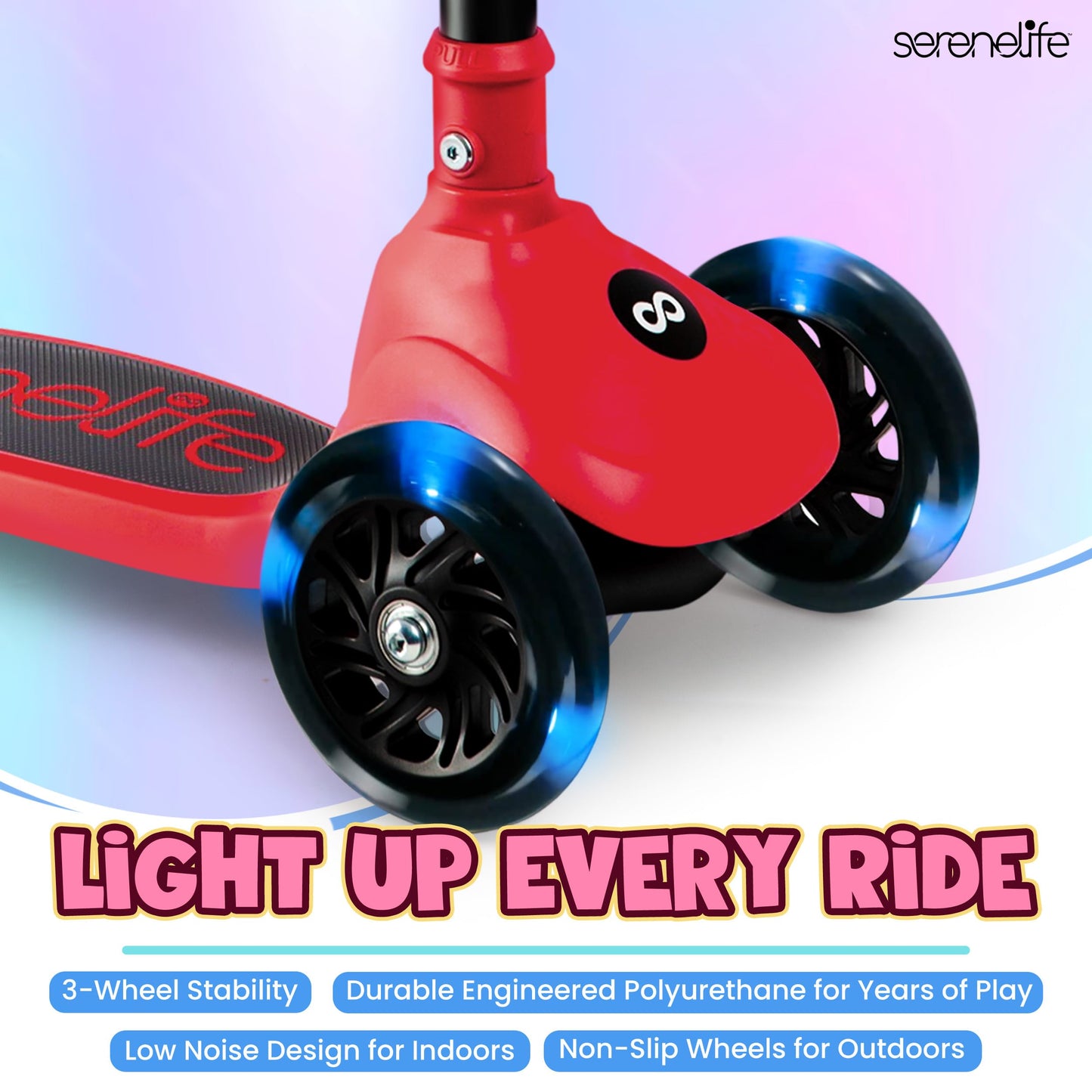 SereneLife 3-Wheel Foldable Kids Scooter – LED Wheel Lights, Adjustable Handlebar, Rear Foot Brake, Lean-to-Steer, Anti-Slip Deck – Ideal for Toddlers & Kids 3+, up to 110 lbs