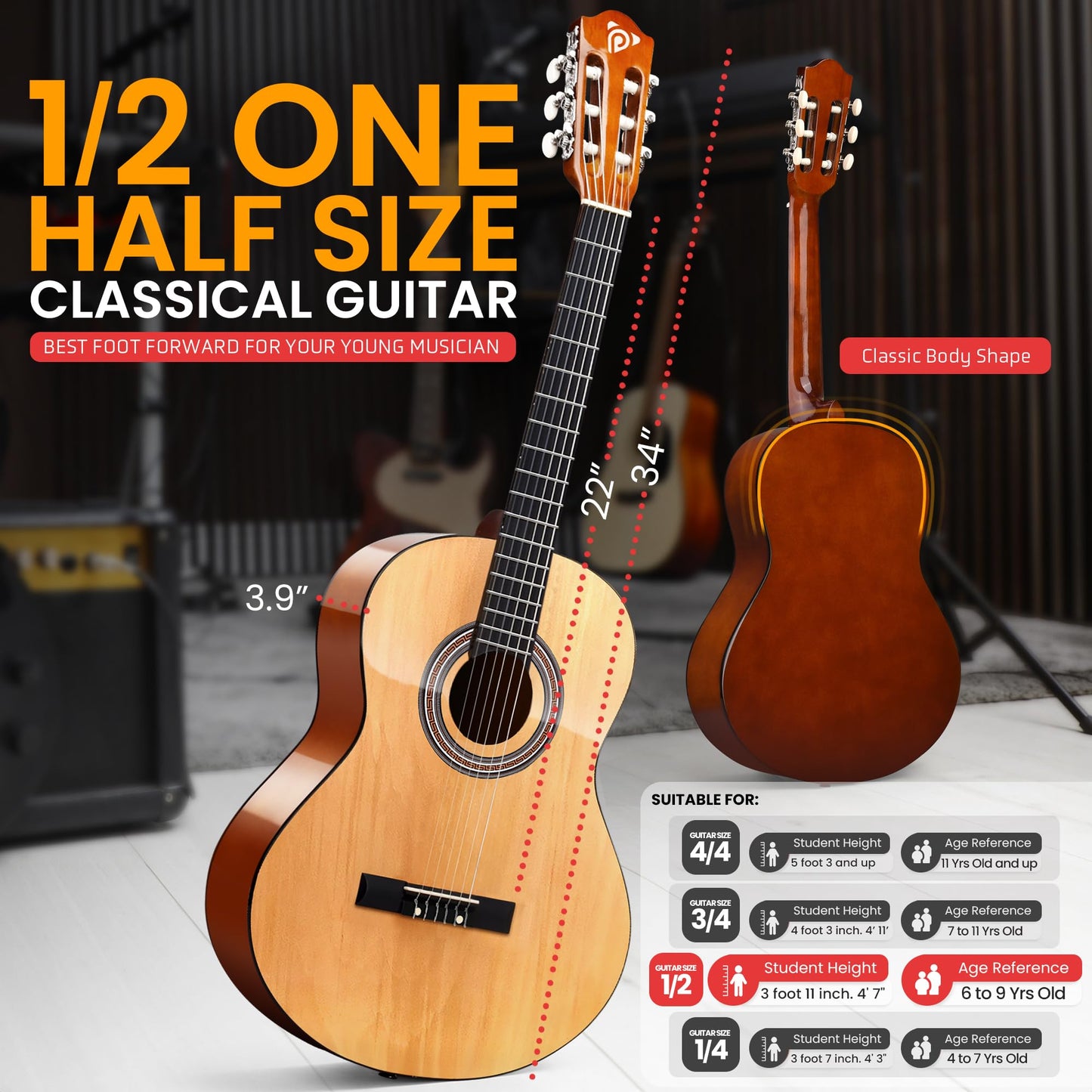 Pyle Classical Guitar Starter Kit - 34" 1/2 Size All Wood Instrument with Capo, Gig Bag, Strings, Strap, Picks (Natural Gloss)