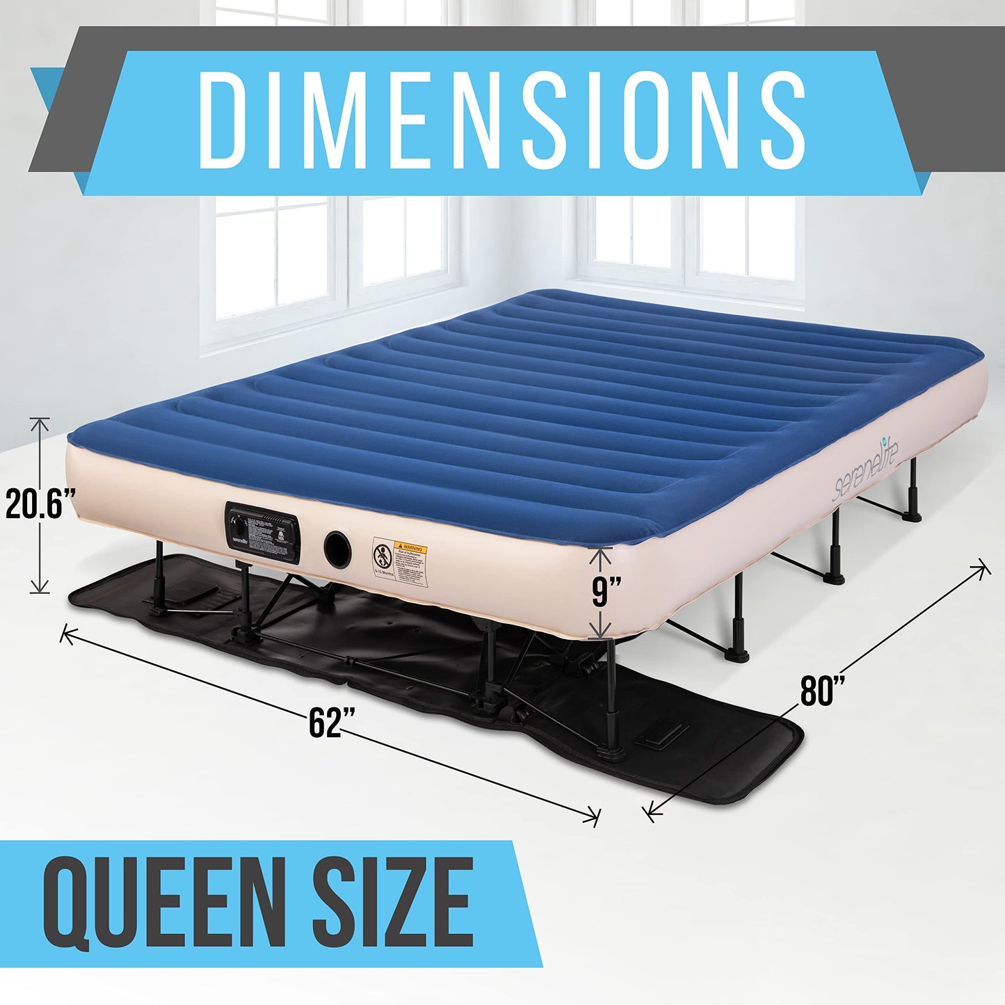 SereneLife EZ Bed Air Mattress with Frame and Rolling Case, Self-Inflating Airbed with Built in Pump for Travel and Hosting, Queen