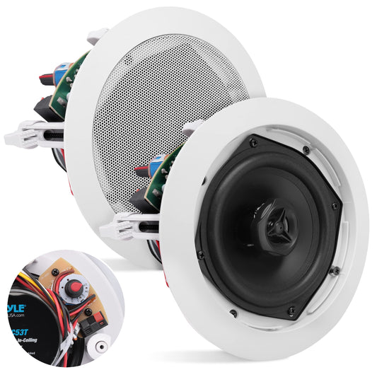 Pyle Ceiling and Wall Mount Speaker -5.25” 2-Way 70V Audio Stereo Sound Subwoofer Sound with Dome Tweeter, 300 Watts,In-Wall & In-Ceiling Flush Design for Home Surround System - Pyle PDIC53T (White)