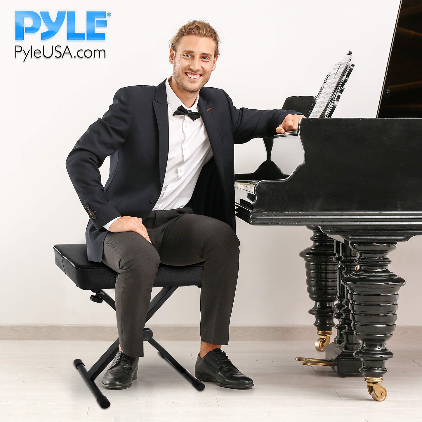 Pyle Adjustable Padded Keyboard Piano Bench - X-Style Foldable Keyboard Piano Seat w/Three Height Positions, 4 Non-Slip Rubber Feet, Extra Thick Foam Cushion PKST52
