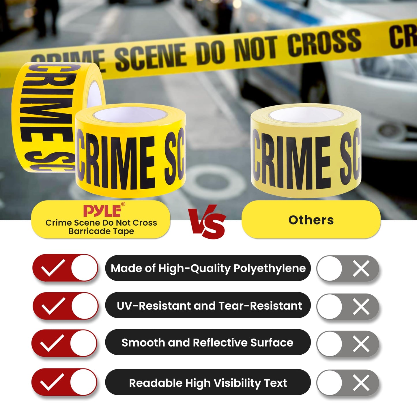 Pyle 6 Pieces Yellow Crime Scene Do Not Cross Tape Set - 656 Foot Long Tape Roll Suitable for a Wide Range of Applications, Including Roadworks, Events, and Hazardous Areas
