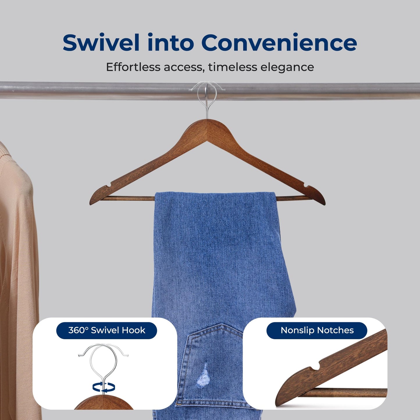 SereneLife 80 Pack Wooden Coat Hangers – Durable Suit Hangers with 360° Swivel Hook & Notches – Slim Design for Shirts, Jackets, Dresses, and More